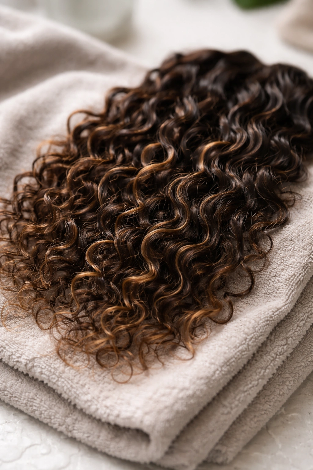 Curly textured hair extensions with defined curls on a towel