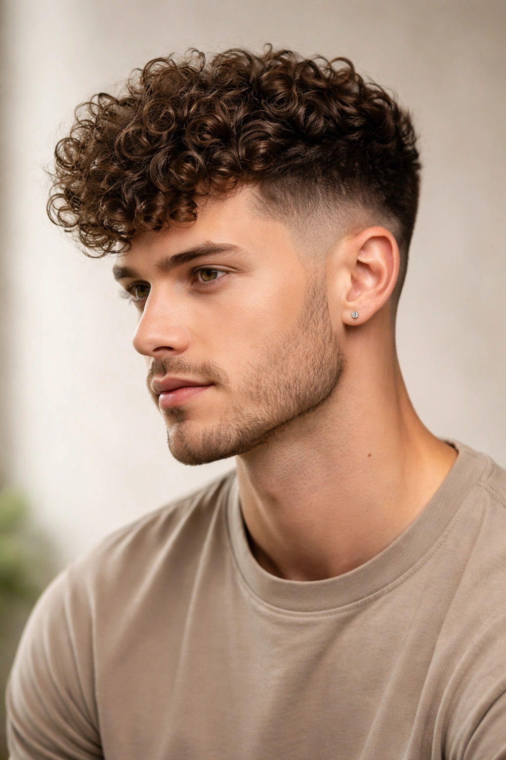 Man with curly fade and voluminous top showing defined curl pattern