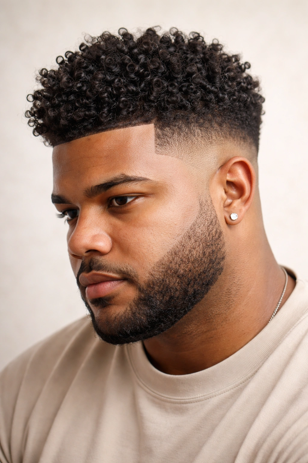 Curly top with skin fade showing volume and texture