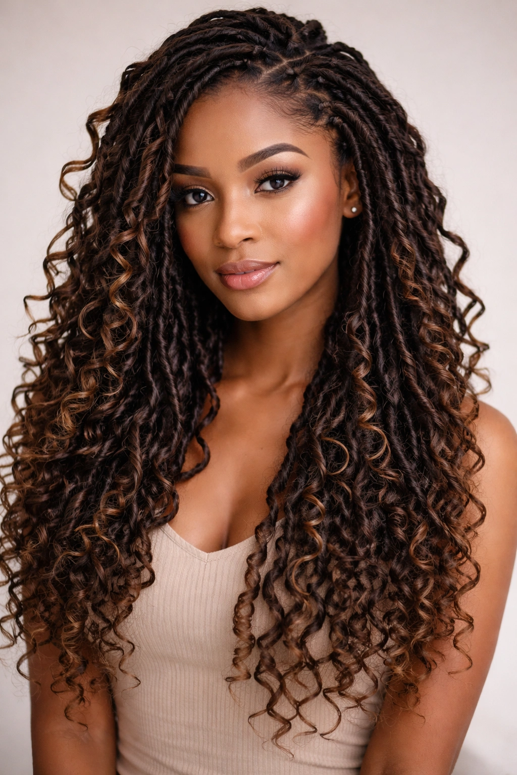 Portrait of curly faux locs with spiral curls and voluminous texture