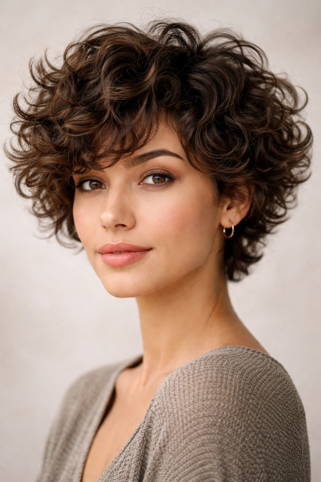 Curly feathered short cut showing defined curls and layers