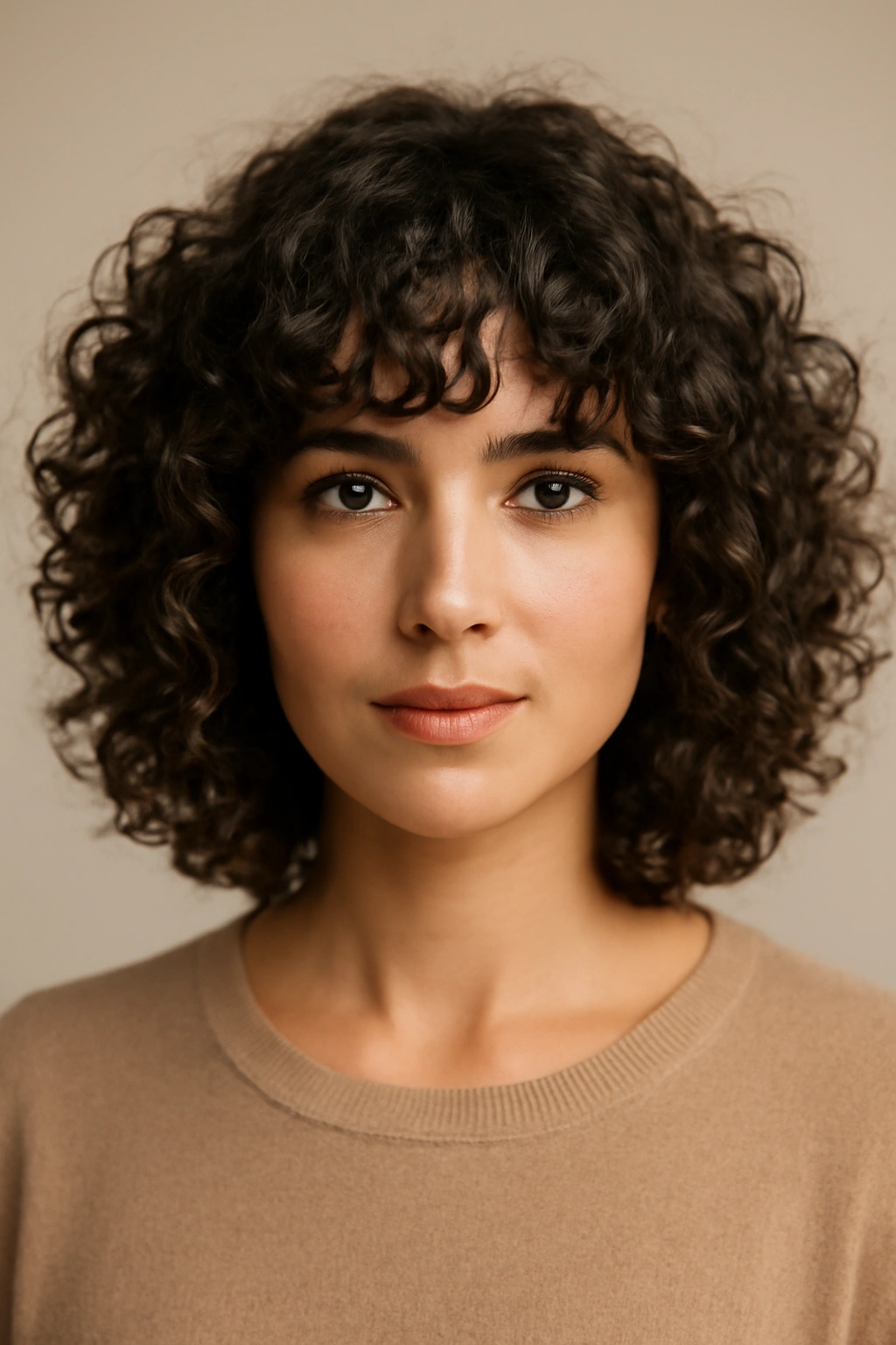 Portrait of a woman with curly fringe bangs framing the forehead