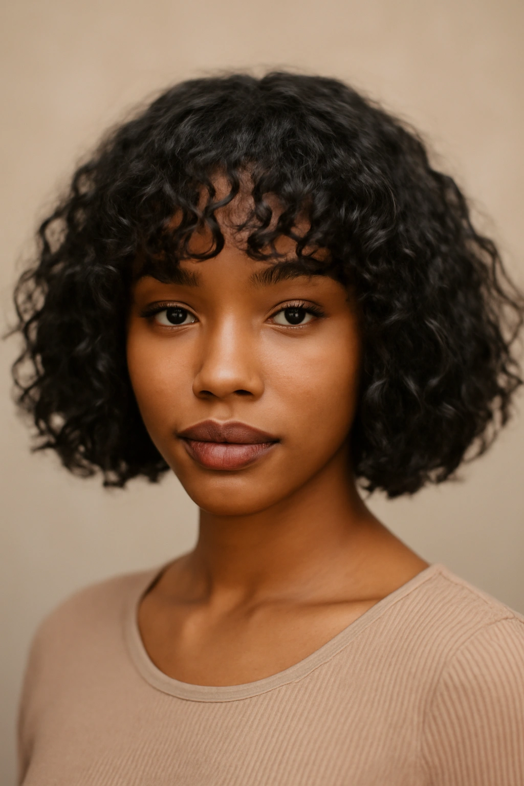 12 Short Weave Hairstyles Black Women Are Loving 11 Portrait of The Curly Fringe Bob showcasing front curly bangs with a structured bob behind.