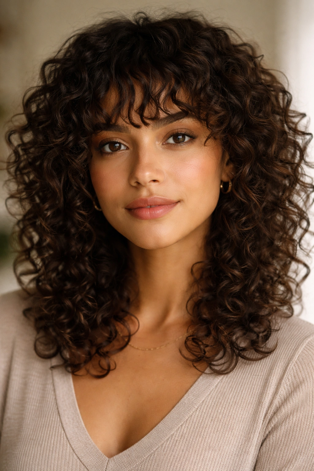 Close-up of curly hair with a short face-framing fringe