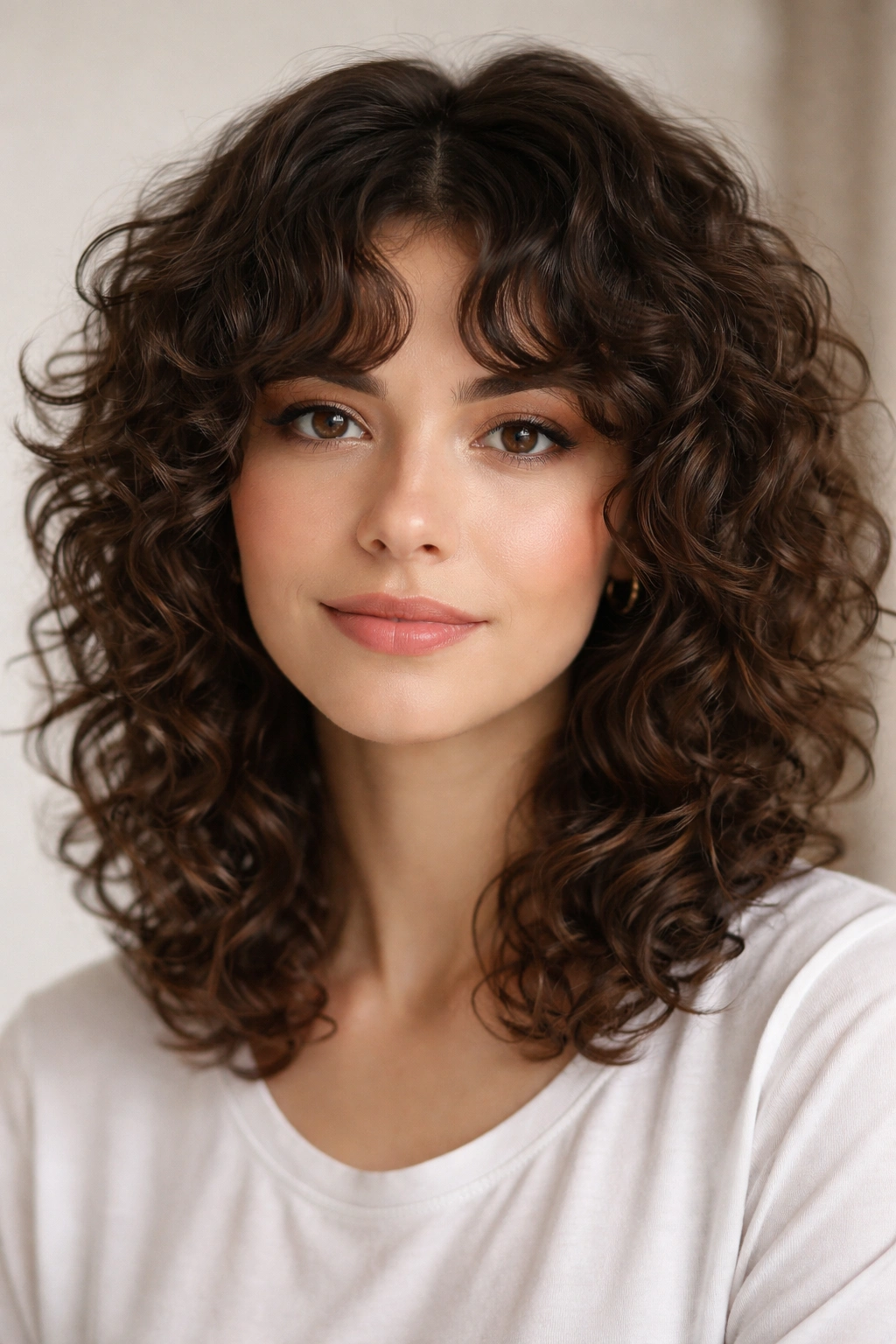 Front-facing shot showcasing curly fringe with middle-parted curls framing the face