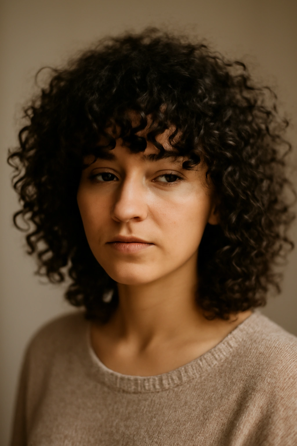 10 Curly Fringe Styles That Frame Your Face Perfectly 13 Portrait of a person with curly fringe, thoughtful expression, soft studio lighting highlighting curl texture
