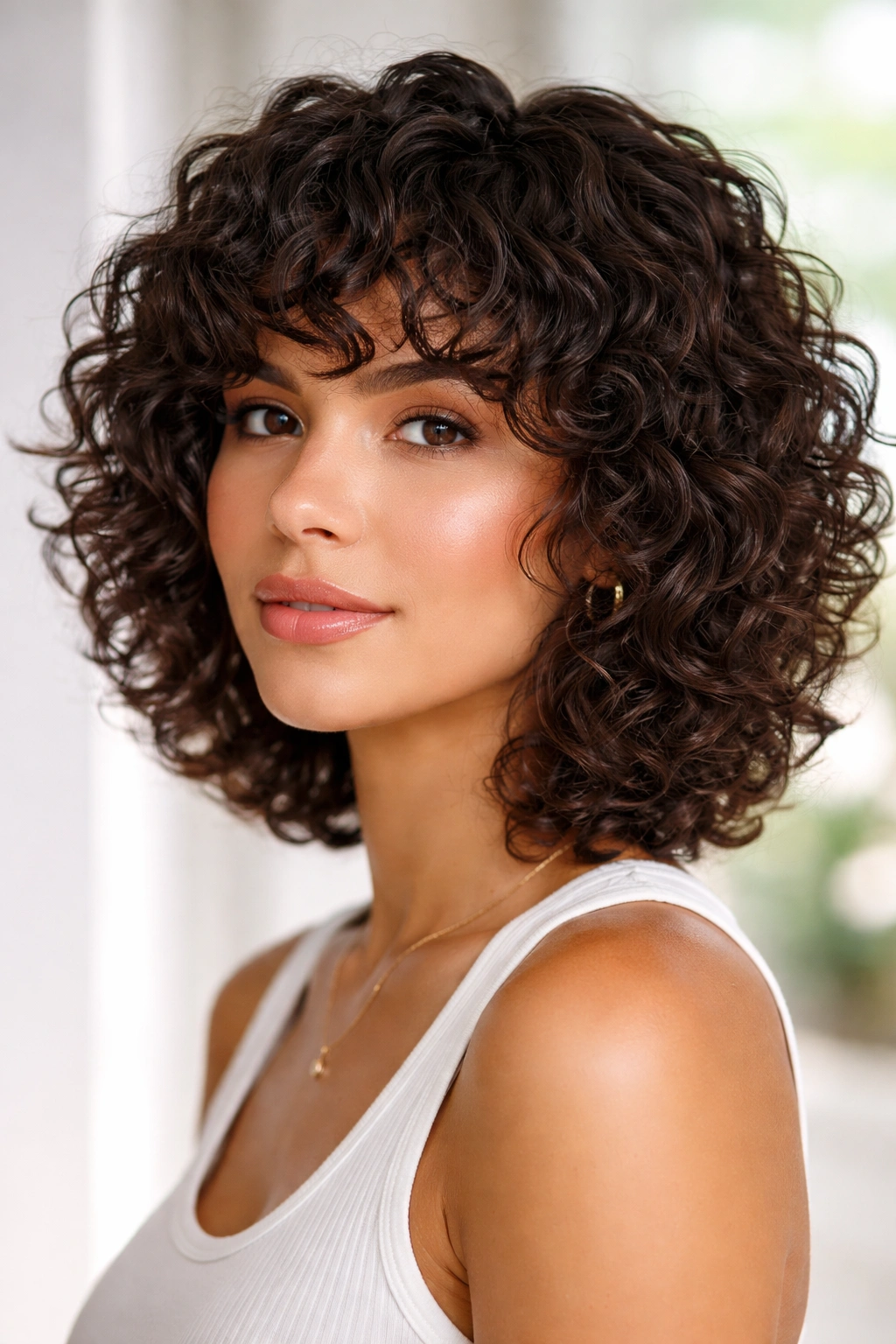 Model with curly girl baby cut showing defined curls and volume.