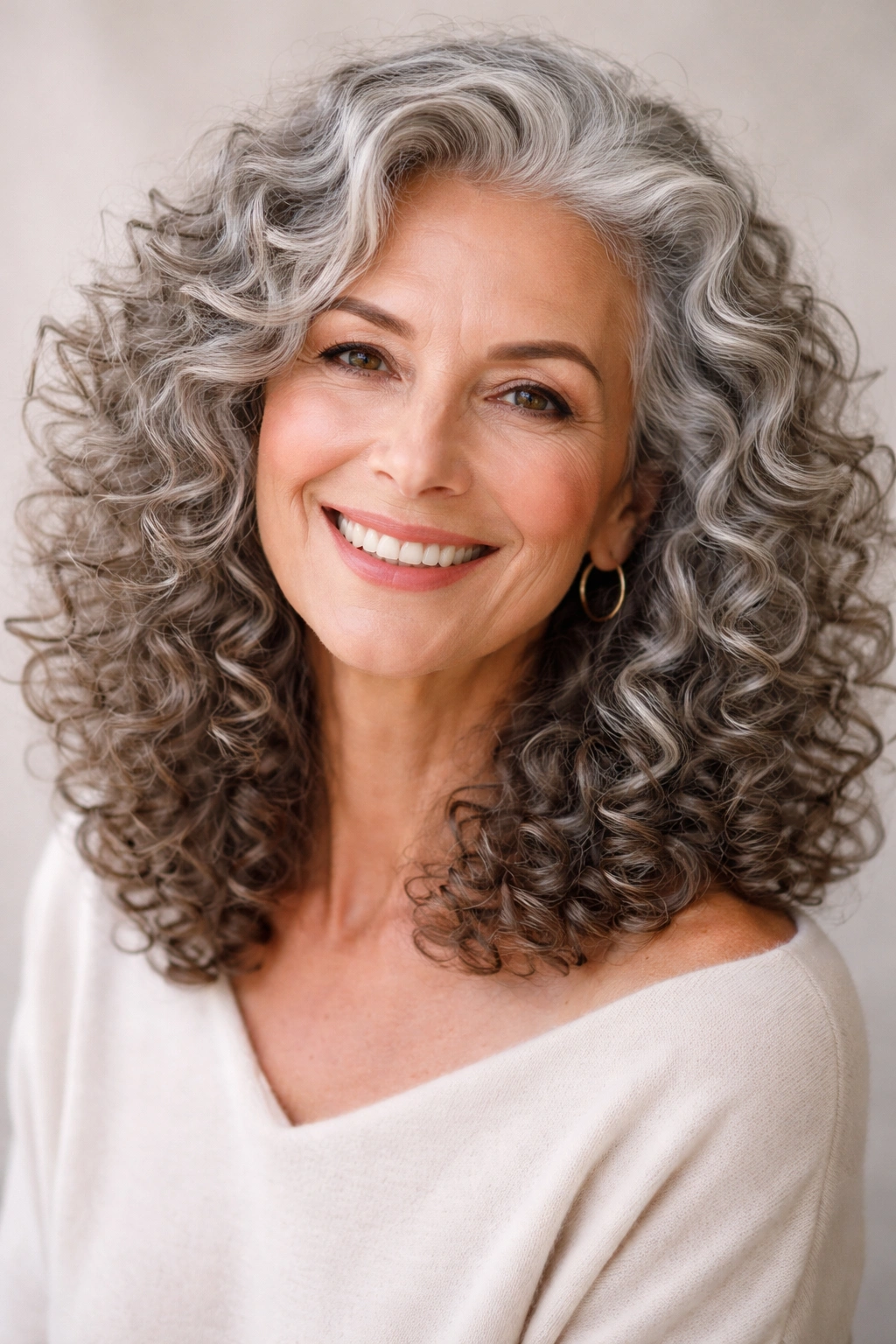 Mature woman with silver curly hair in studio lighting, defined curls