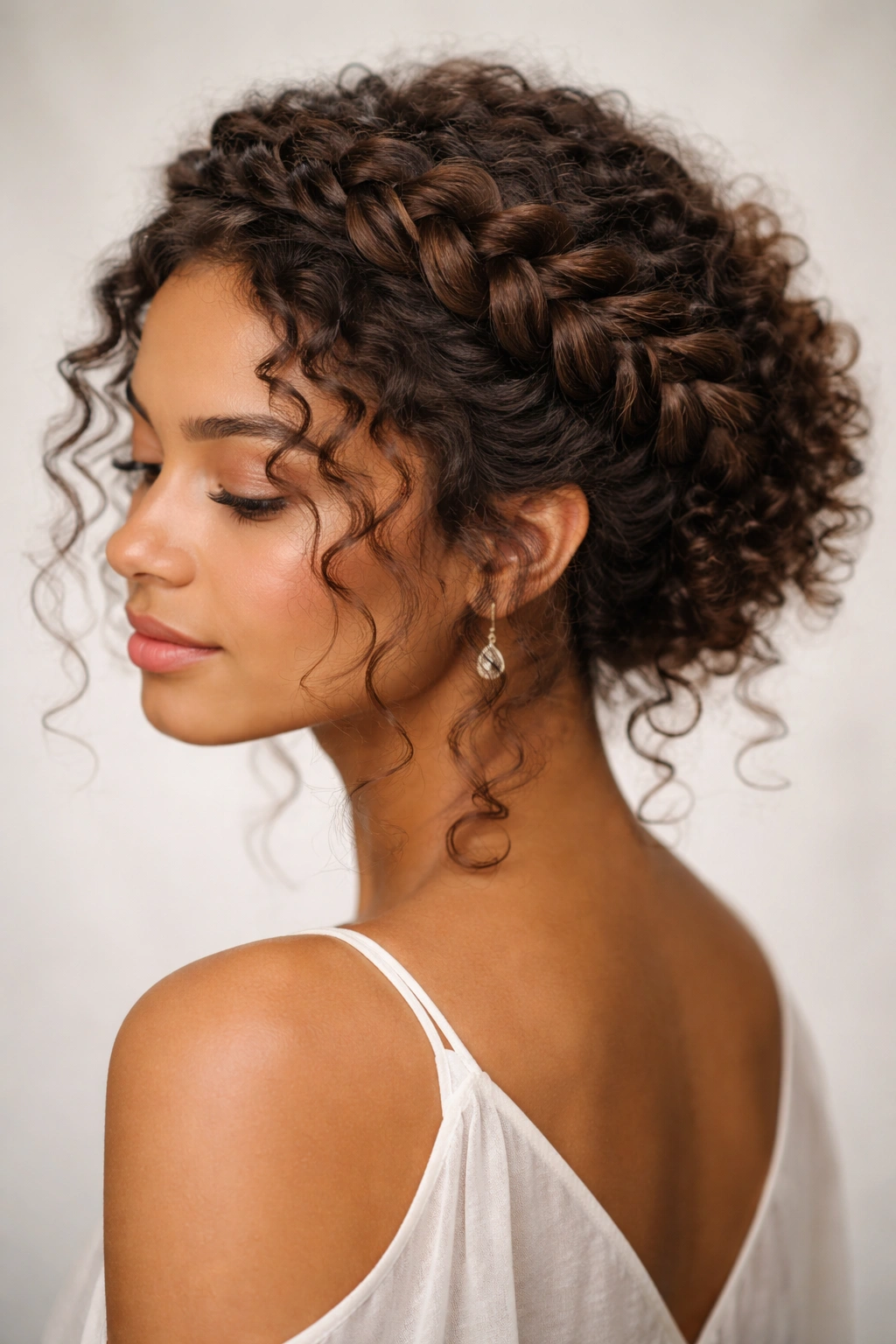 Halo braid around head with curly texture peeking through.