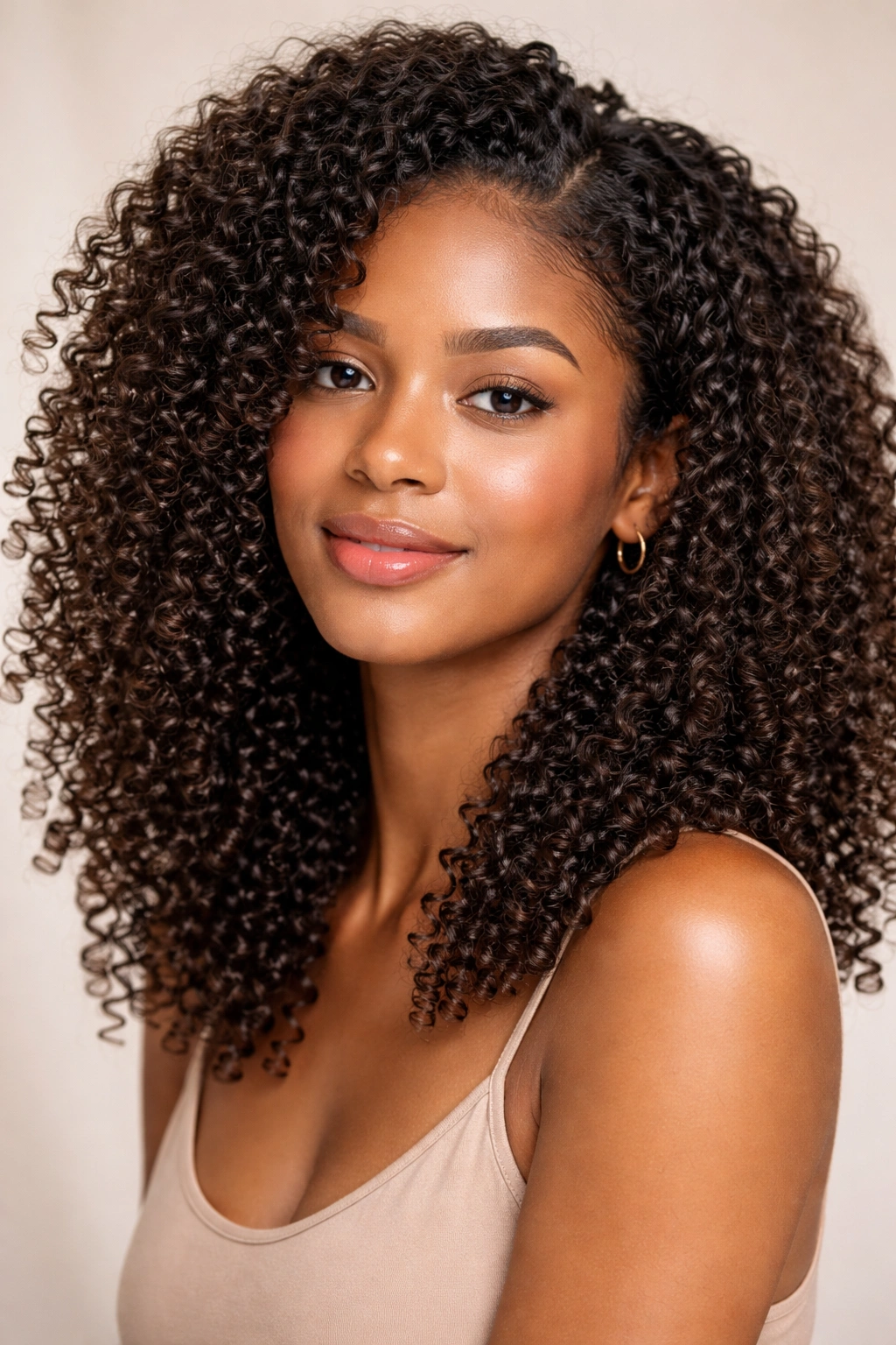 Close-up portrait of moisturized curls in soft studio lighting
