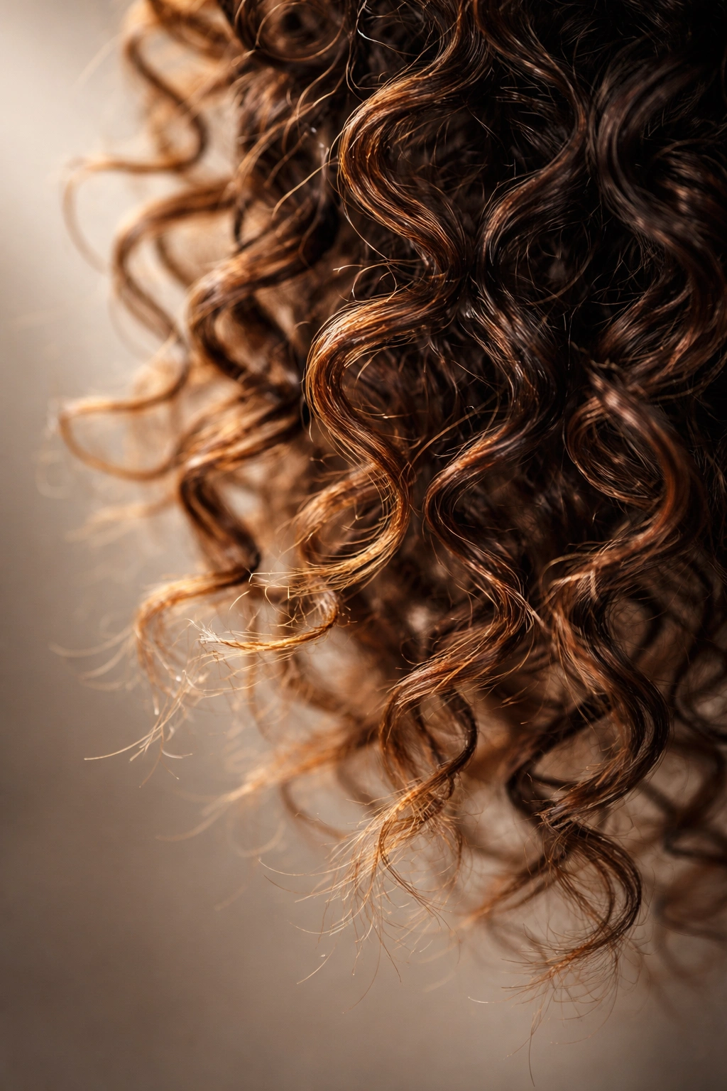 Close-up of a dry curly hair strand with frizz and dry ends