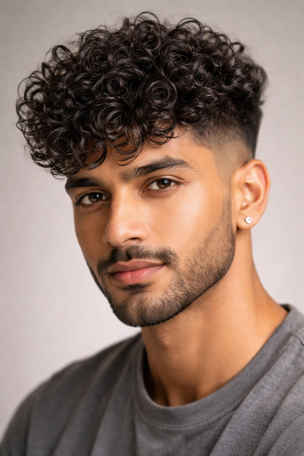 Close-up of a man with curly hair and fade, highlighting curl texture and moisture