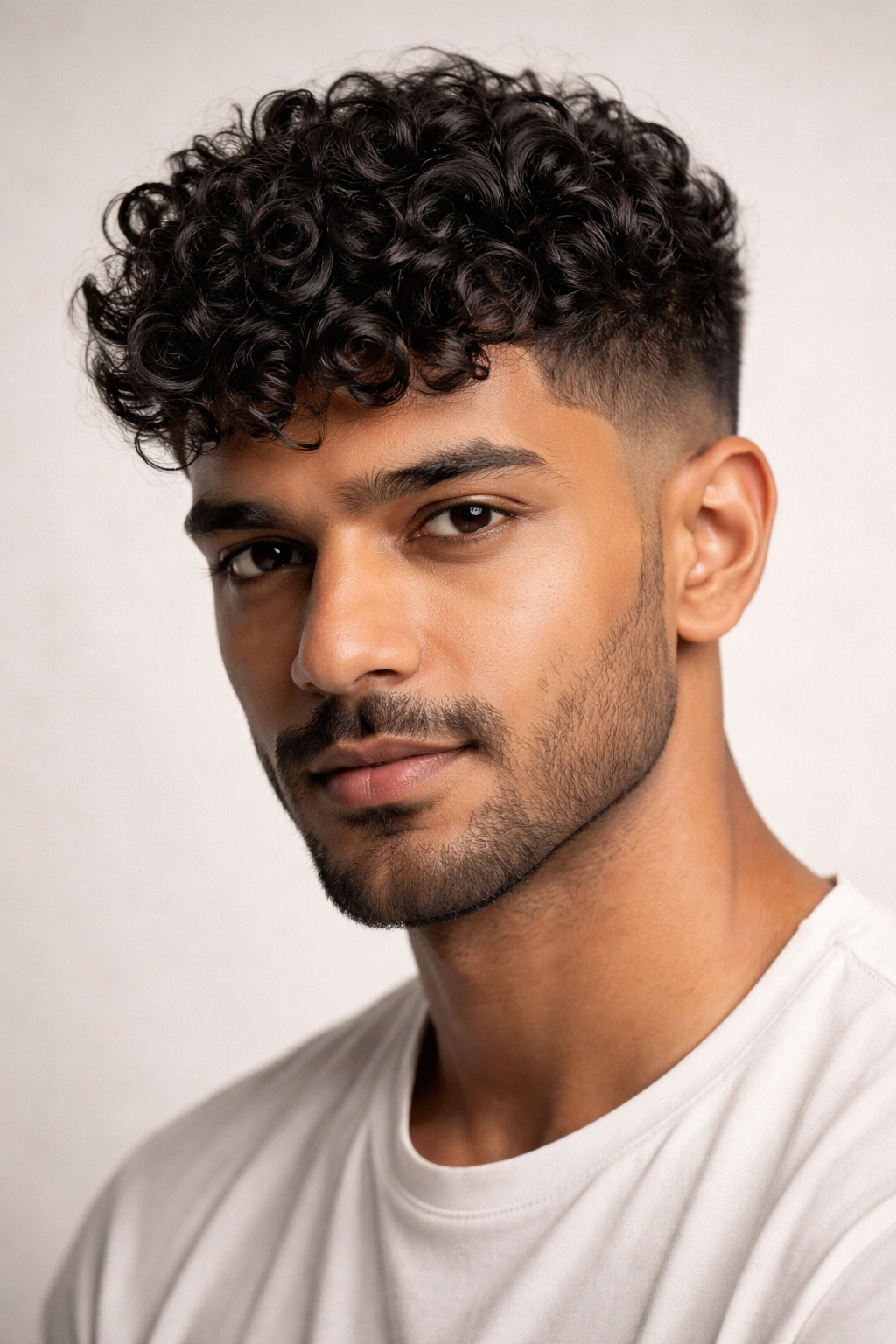 Close-up portrait of a man with curly hair top and fade, showcasing natural curls