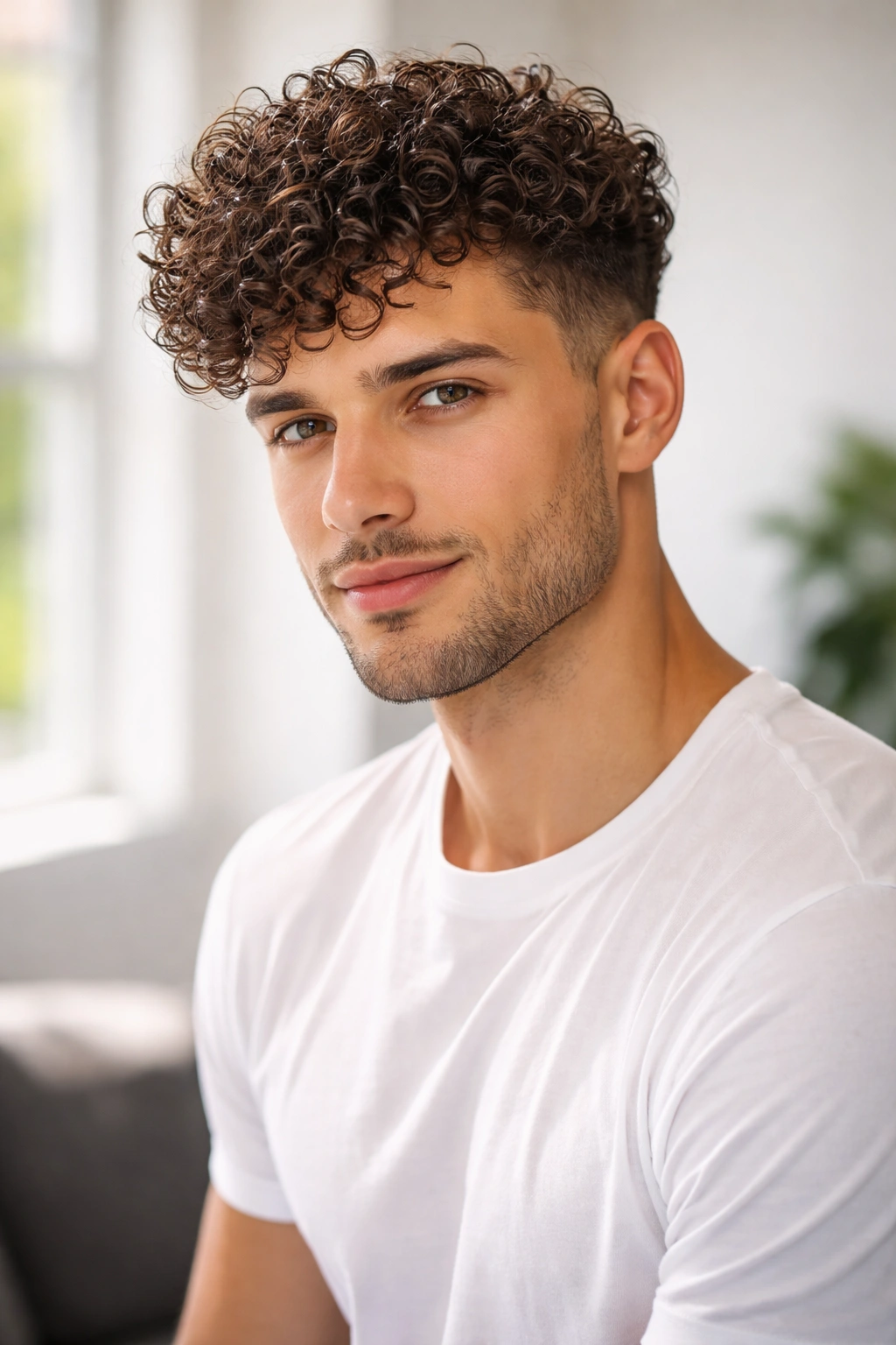 Portrait of a man with a polished curly haircut in a studio setting