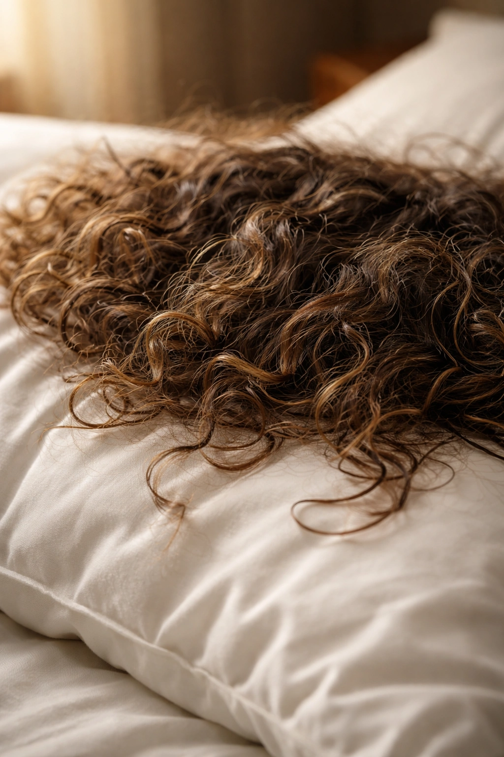 Close-up of curly hair with frizz resting on cotton pillowcase