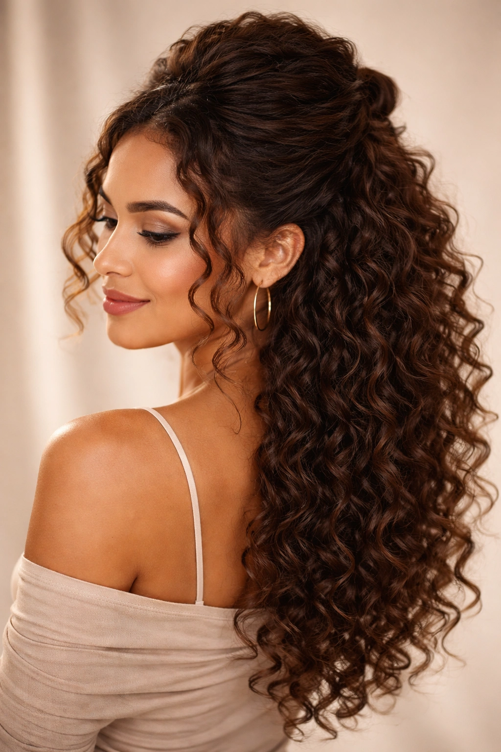 Half-up half-down curly hairstyle with top section pinned back and curls flowing.