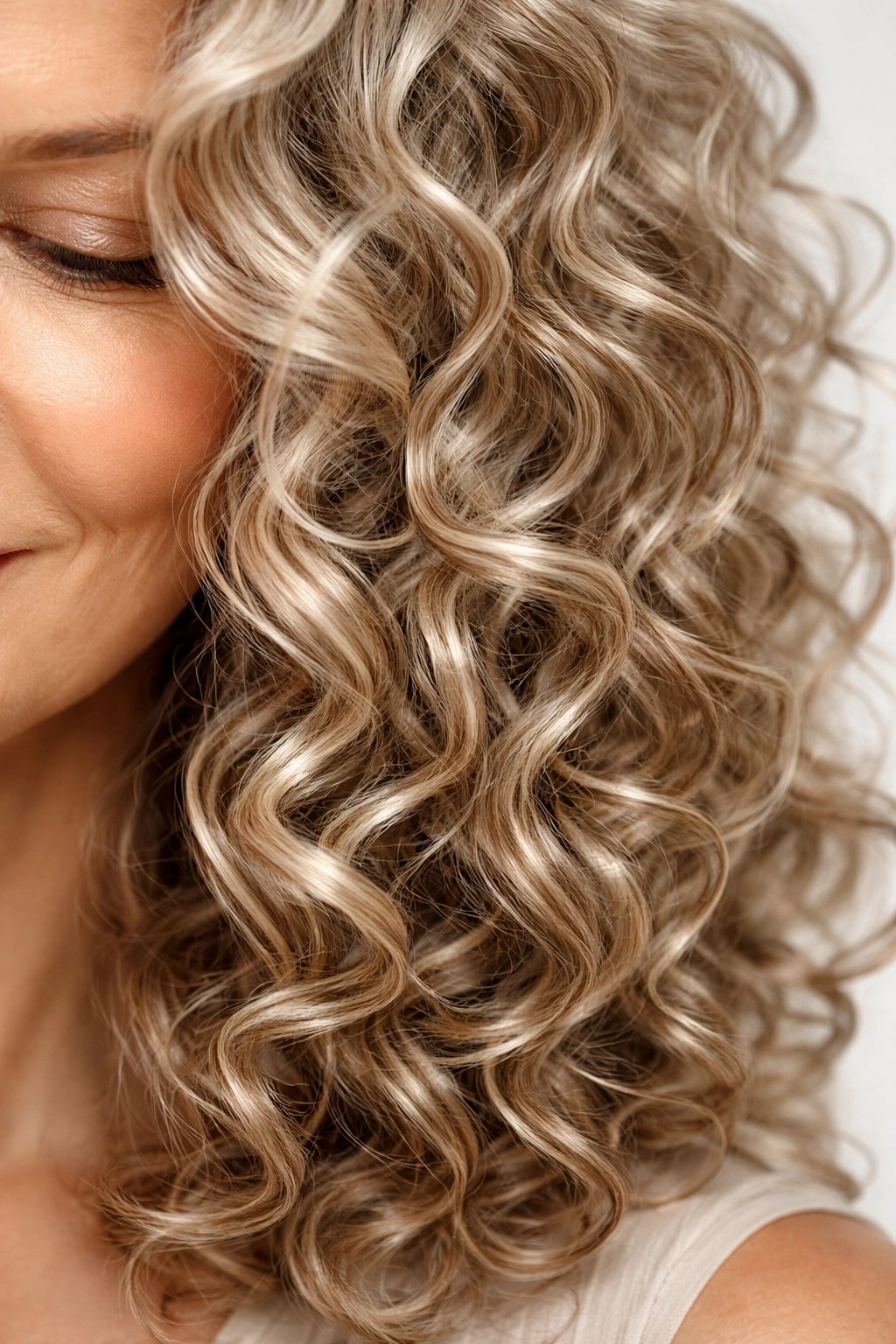 Close-up of hydrated curls on aging hair showing moisture and shine