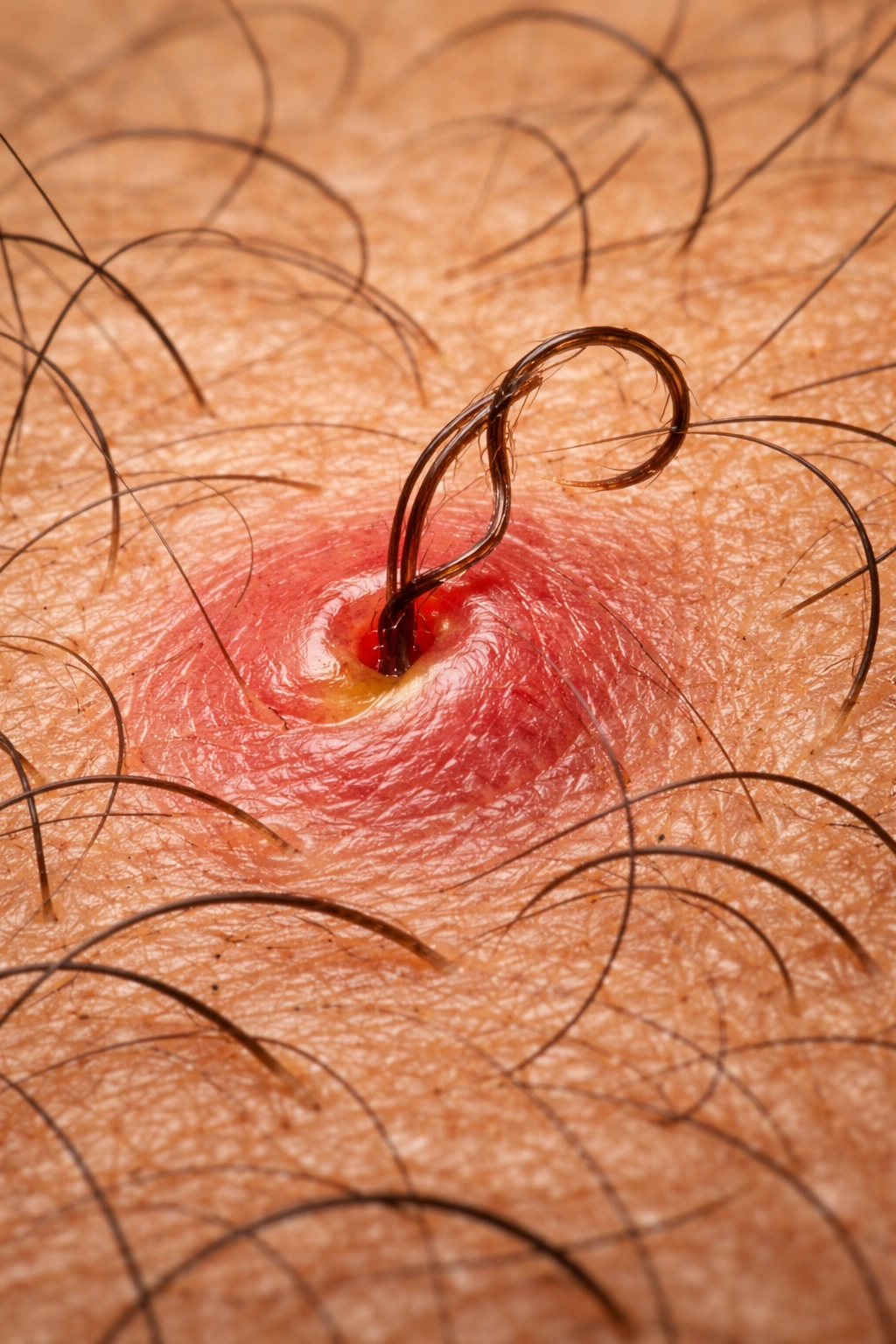 Close-up of curly hair under skin showing predisposition to ingrown hairs