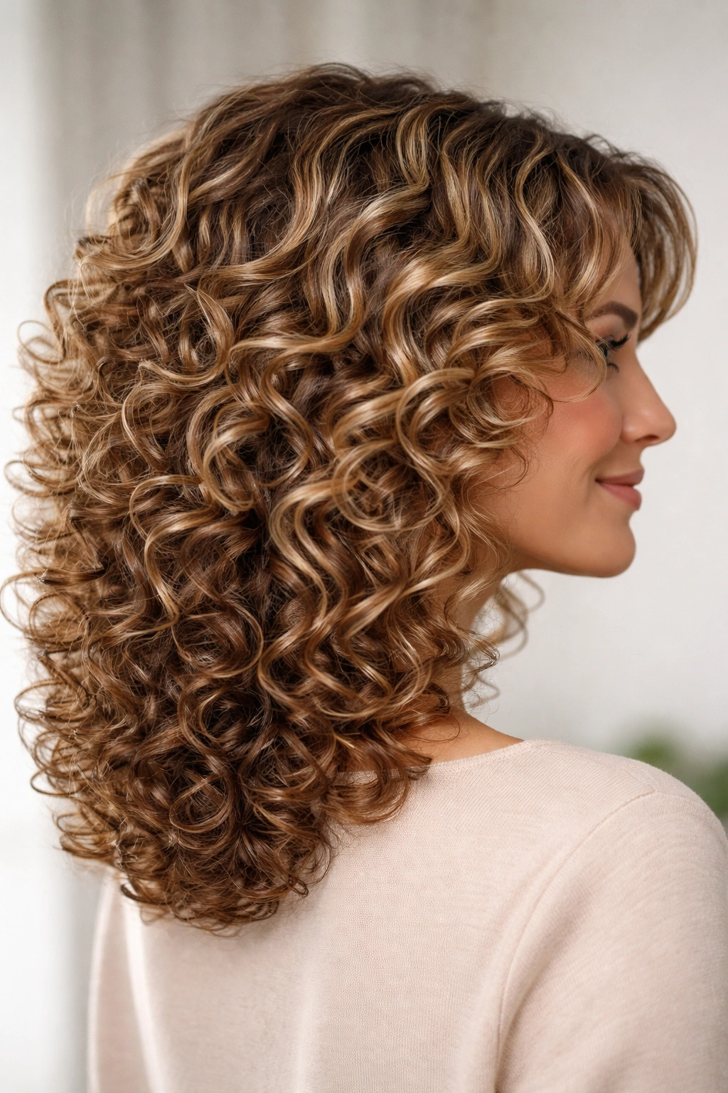 Defined curly hair with strategic layers to boost curl pattern.