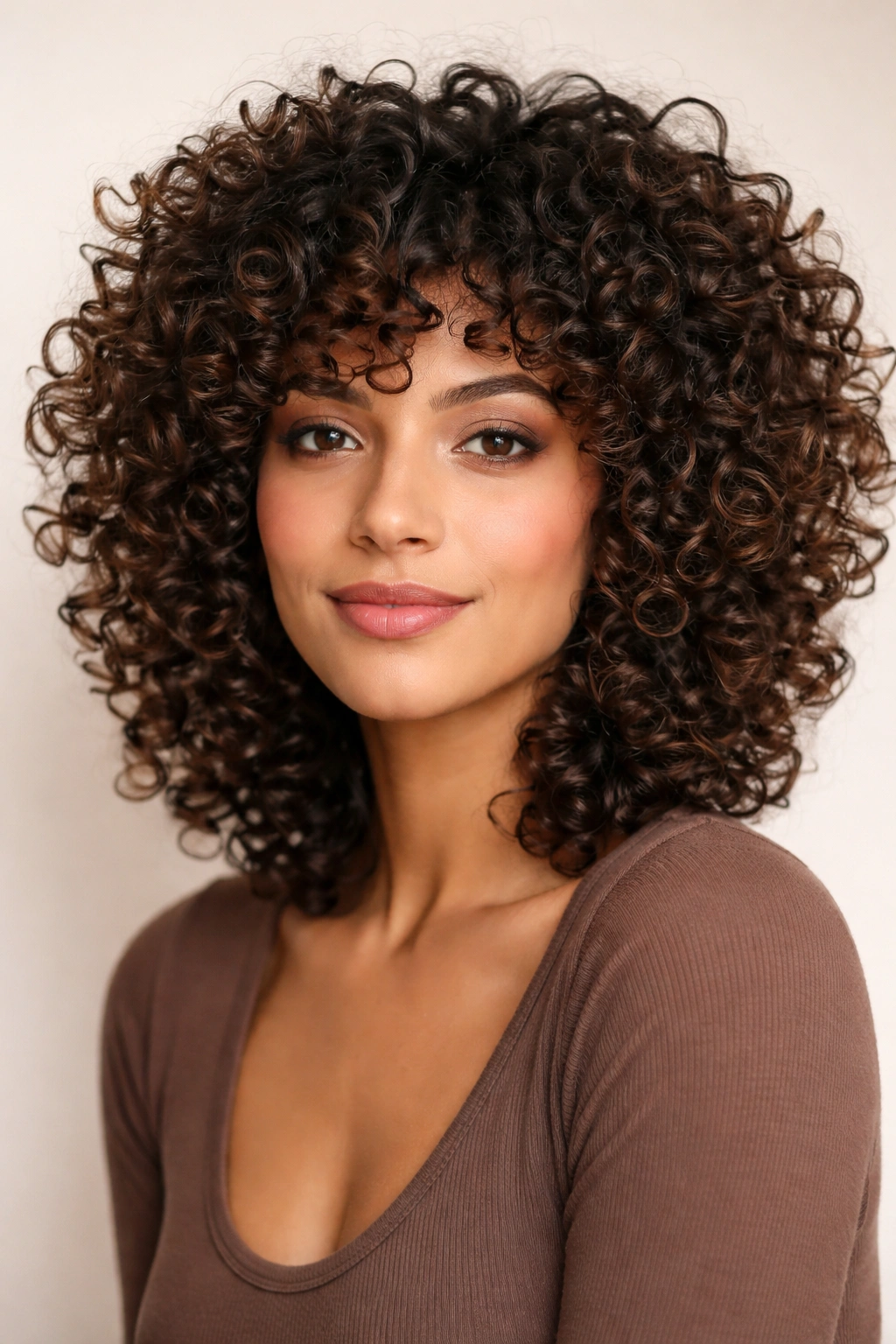 Close-up curly hair with strategic shorter layers adding width and texture