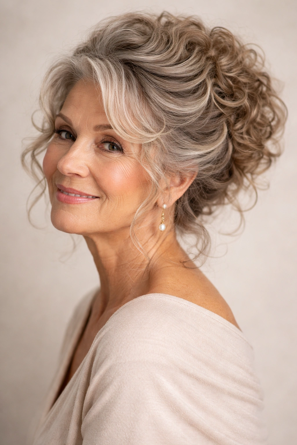 Mature woman with medium-length curly hair styled in layered updo-ready curls