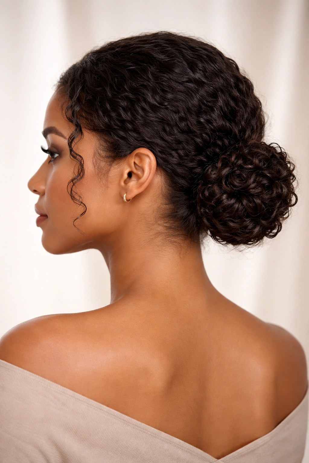 Low bun with curly hair at the nape showing texture.