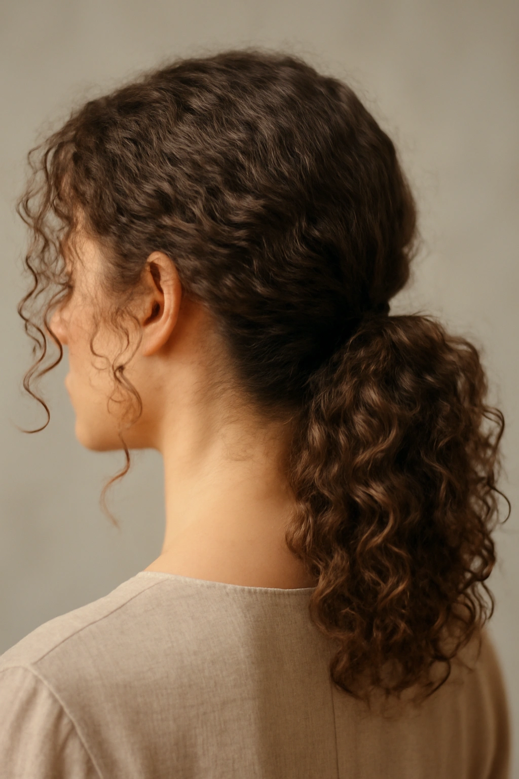 20 Wedding Hairstyles Matched to Your Hair Type 19 Close-up of a textured low ponytail on curly hair with face-framing curls in a neutral studio.