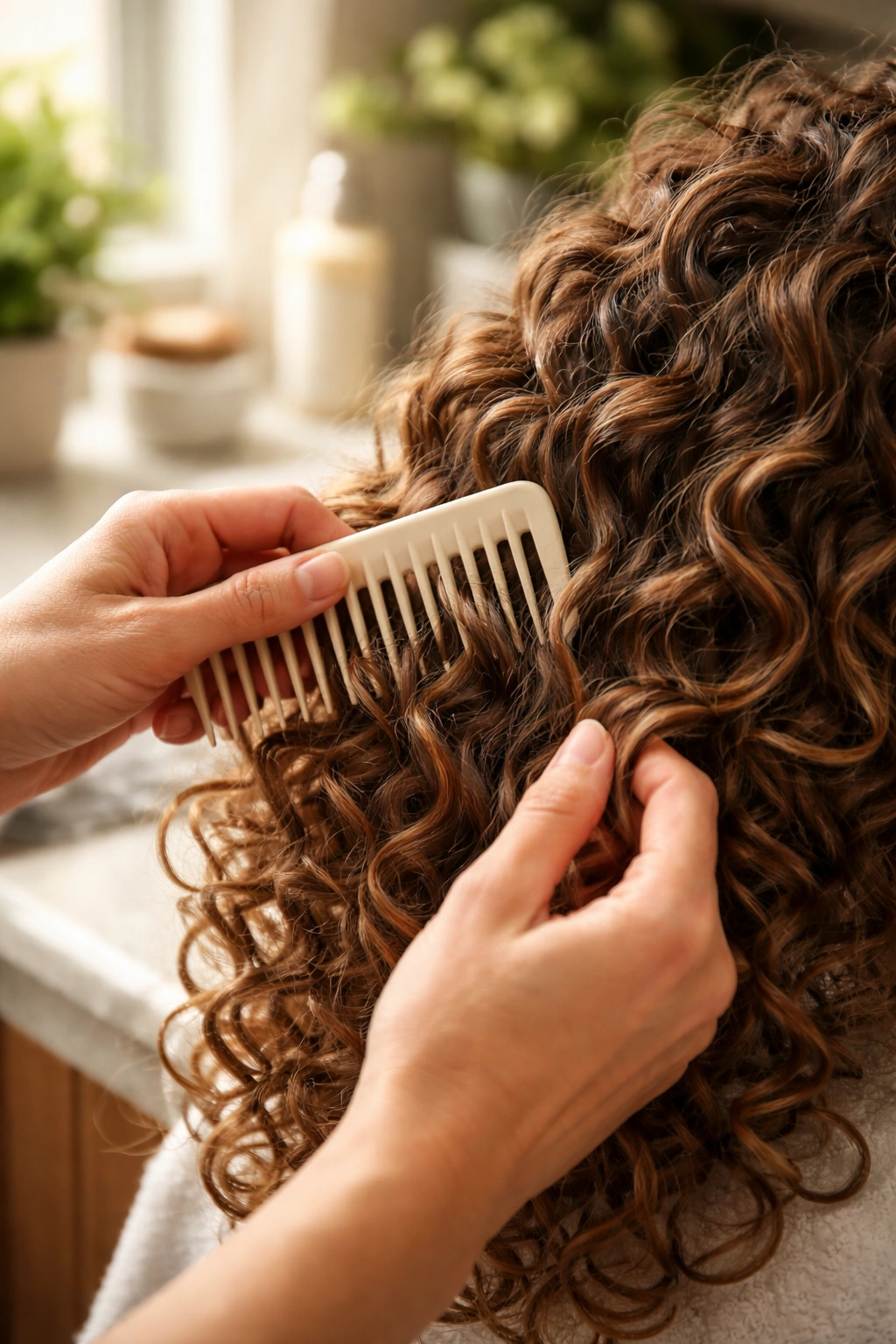 Close-up of hands detangling curly hair with a wide-tooth comb to maintain curls