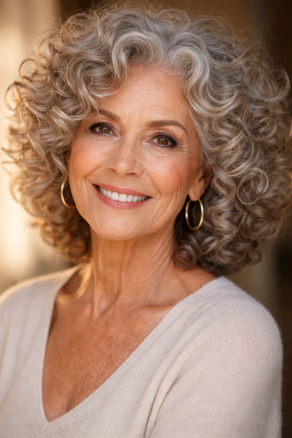 Close-up of a mature woman with voluminous curly hair framing her face