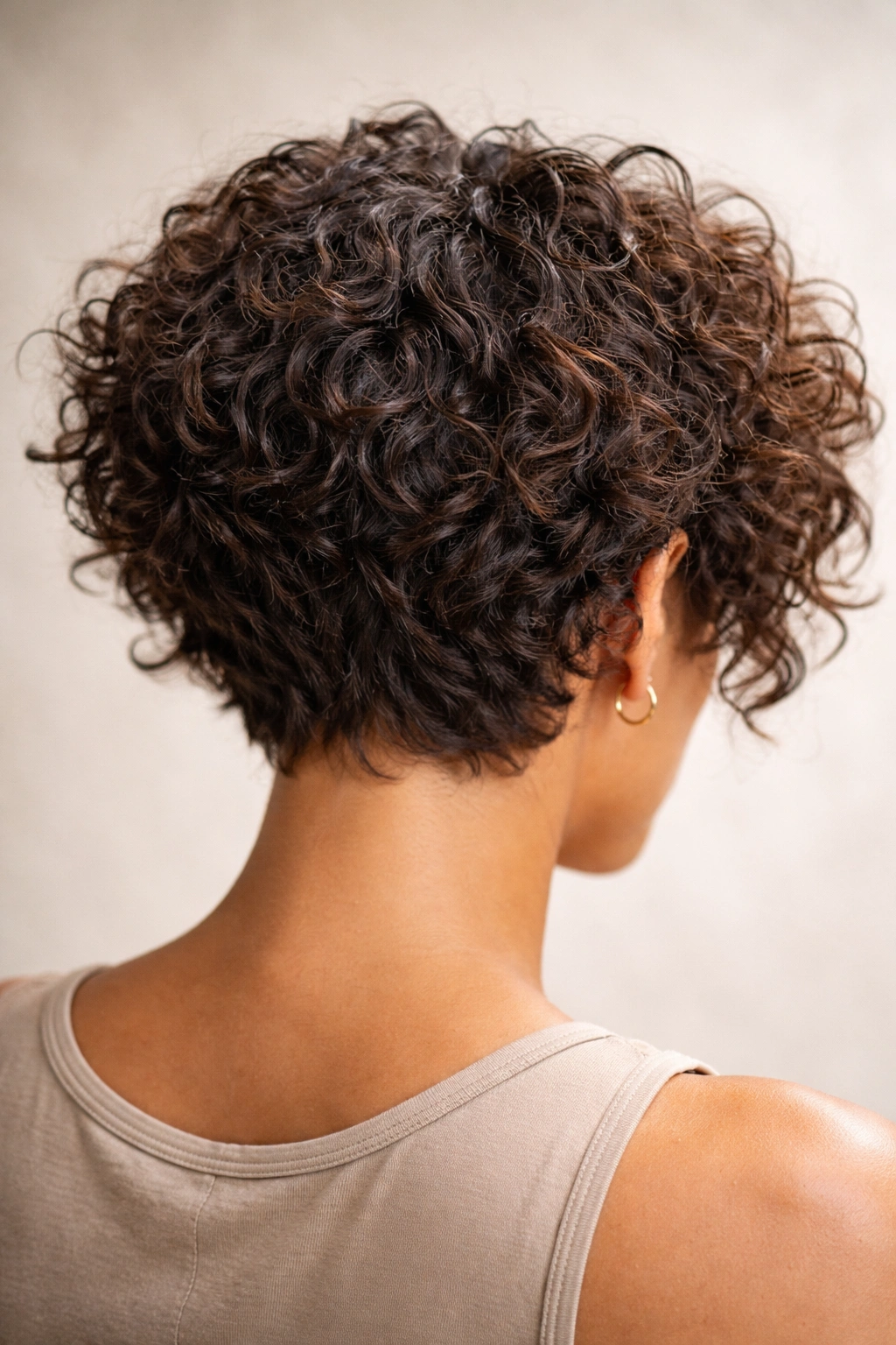 Uneven layered short curls showing choppiness from a bad cut.