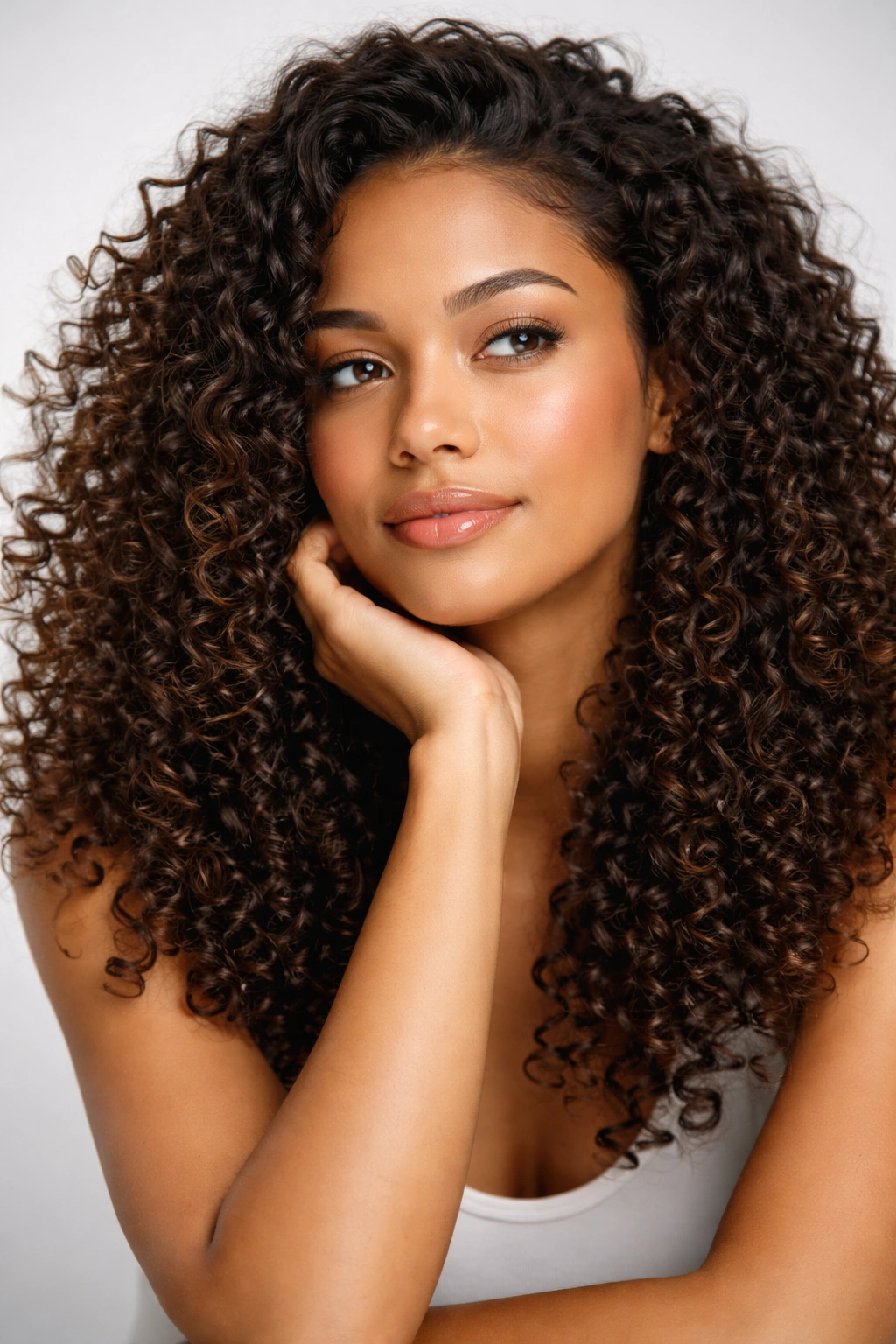 Thoughtful portrait of a person with curly hair emphasizing moisture and texture