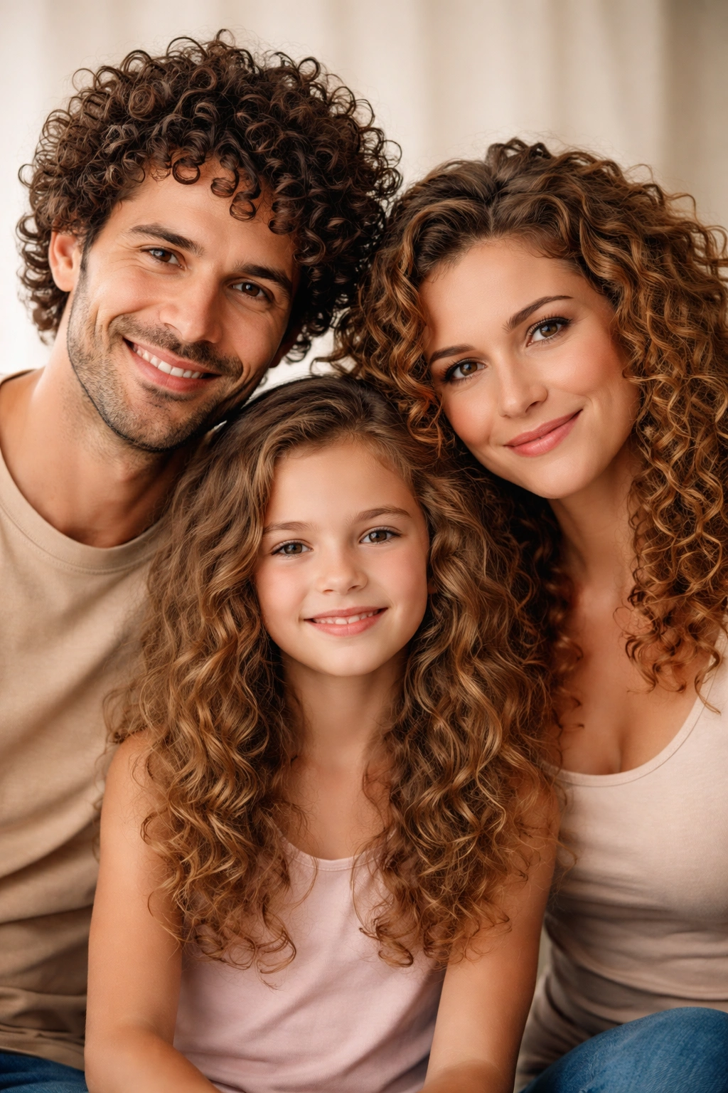 Portraits of two curly-haired parents together