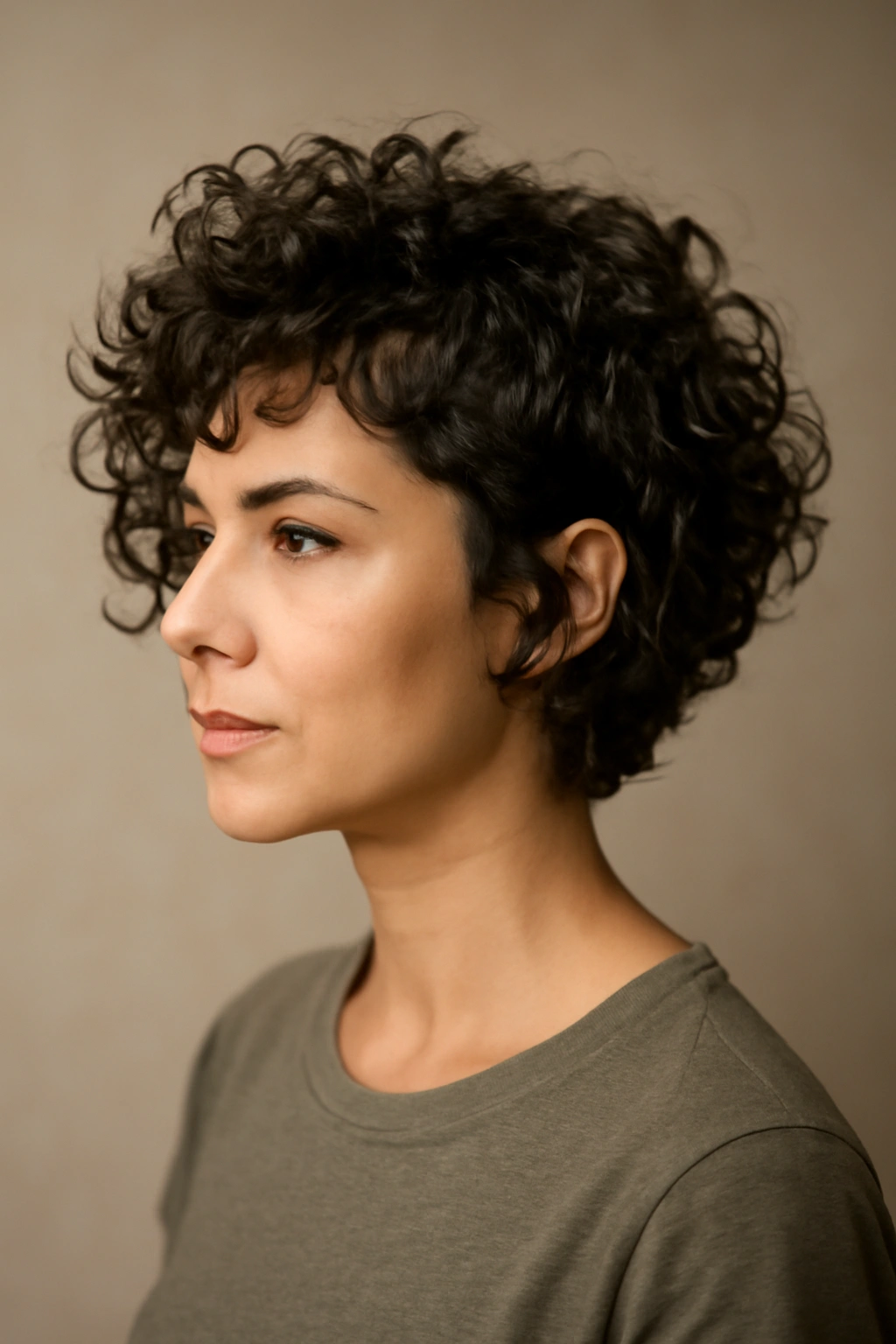 12 Angled Bob Cuts That Flatter Natural Curls 7 Close-up head-and-shoulders of a curly hair with a pixie-bob hybrid showing short top and longer back, defined curls.
