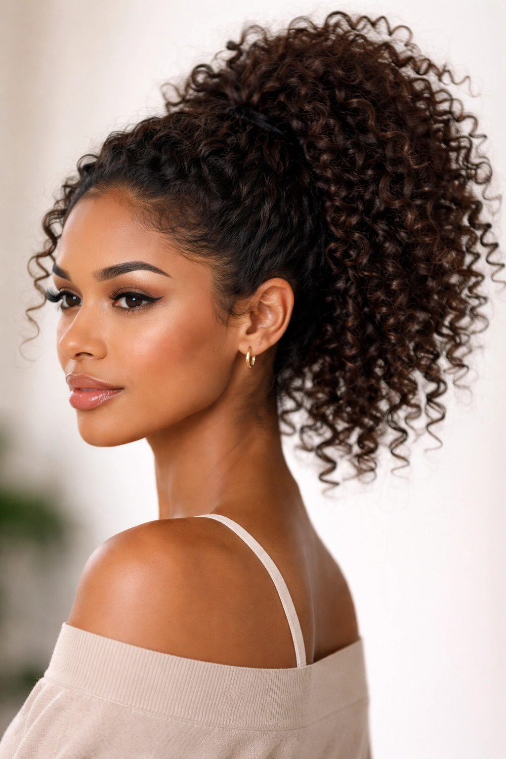Close-up of a curly textured high ponytail with voluminous crown.