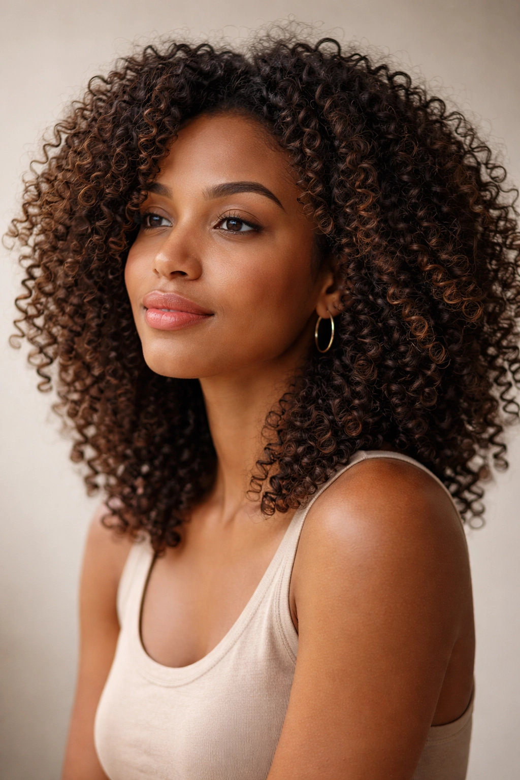 Close-up portrait of a person with textured curls, calm expression against a neutral studio backdrop