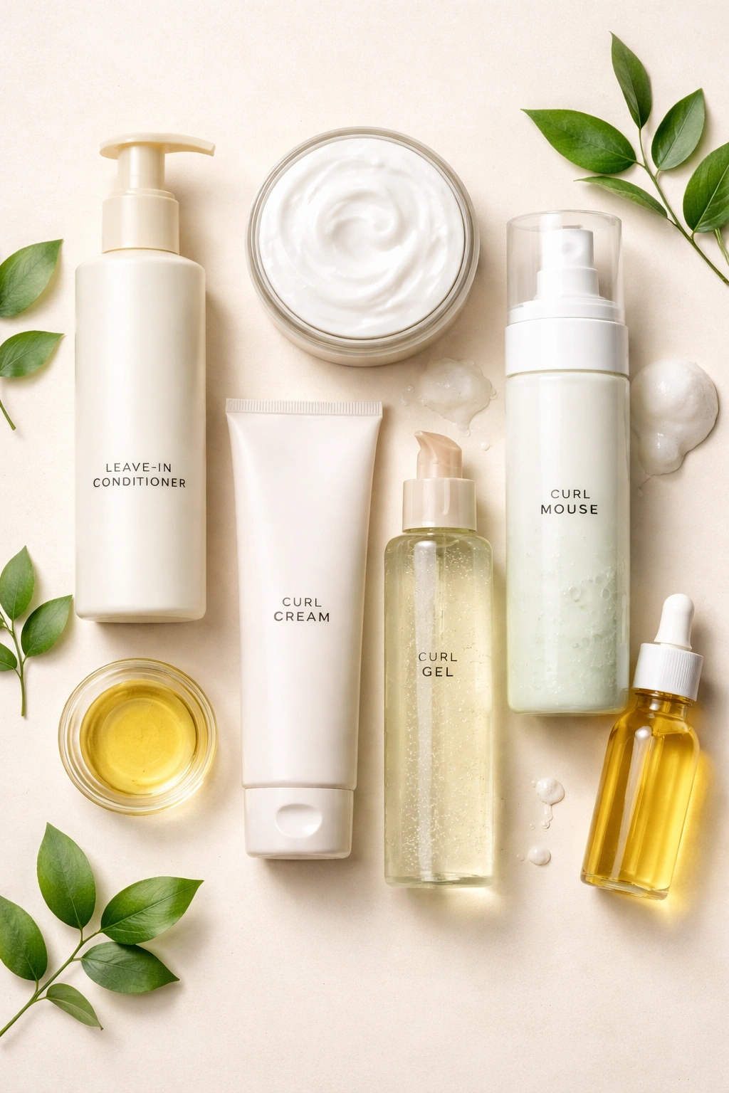 Flat lay of unbranded curly hair products