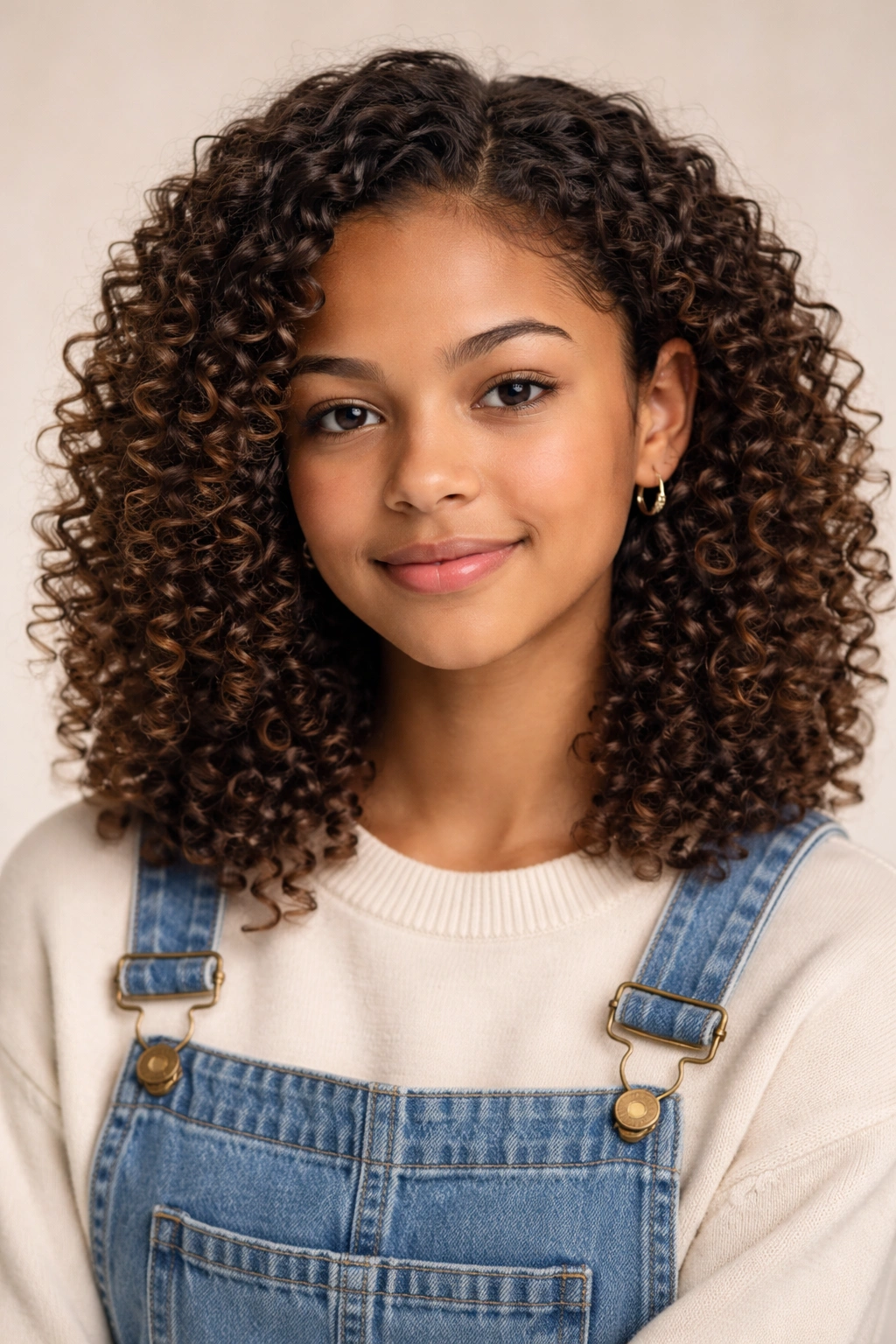 Close-up of a student's curly hair styled in a school-appropriate, easy hairstyle
