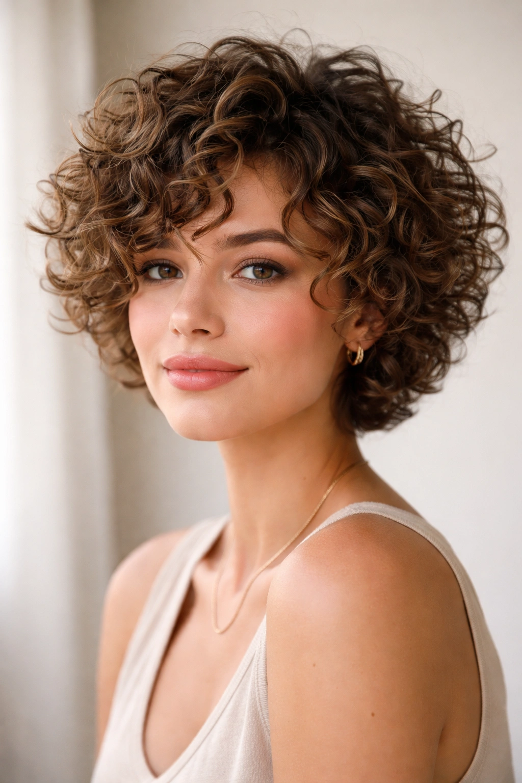 18 Short Layered Cuts Made For Curly Hair 19 Close-up portrait of a person with short layered curly hair showing defined curls and natural texture