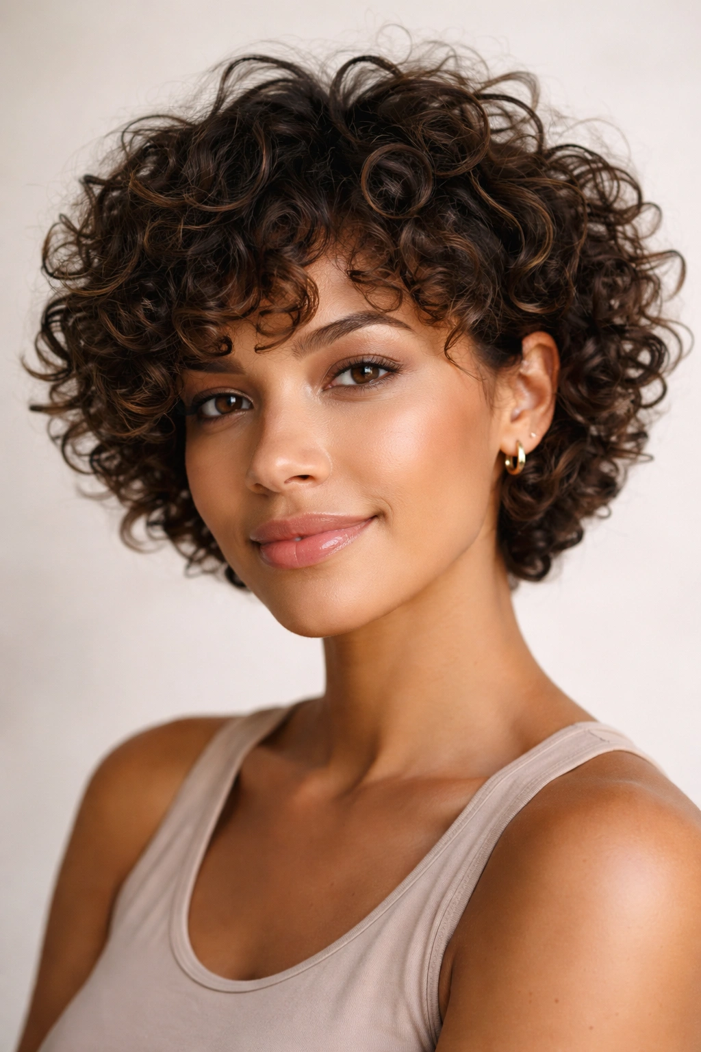 Close-up portrait of a person with a short layered curly haircut showing defined curls