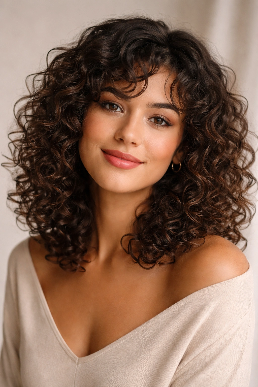 Close-up of shoulder-length curly hairstyle with defined curls and volume