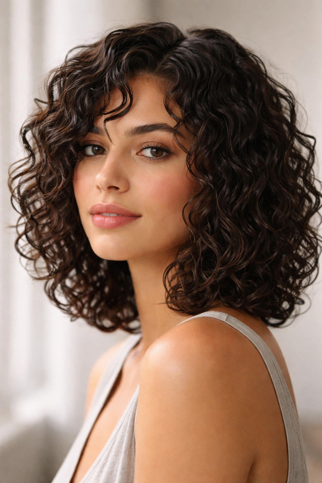 20 Shoulder Length Haircuts By Hair Type 7 Shoulder-length curly bob with defined curls and a wet-look texture.