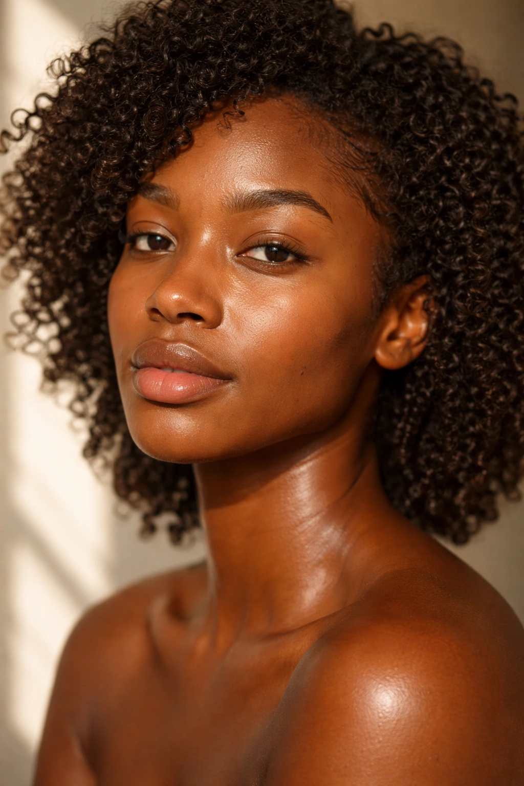 Close-up portrait of curly hair and dark skin tone