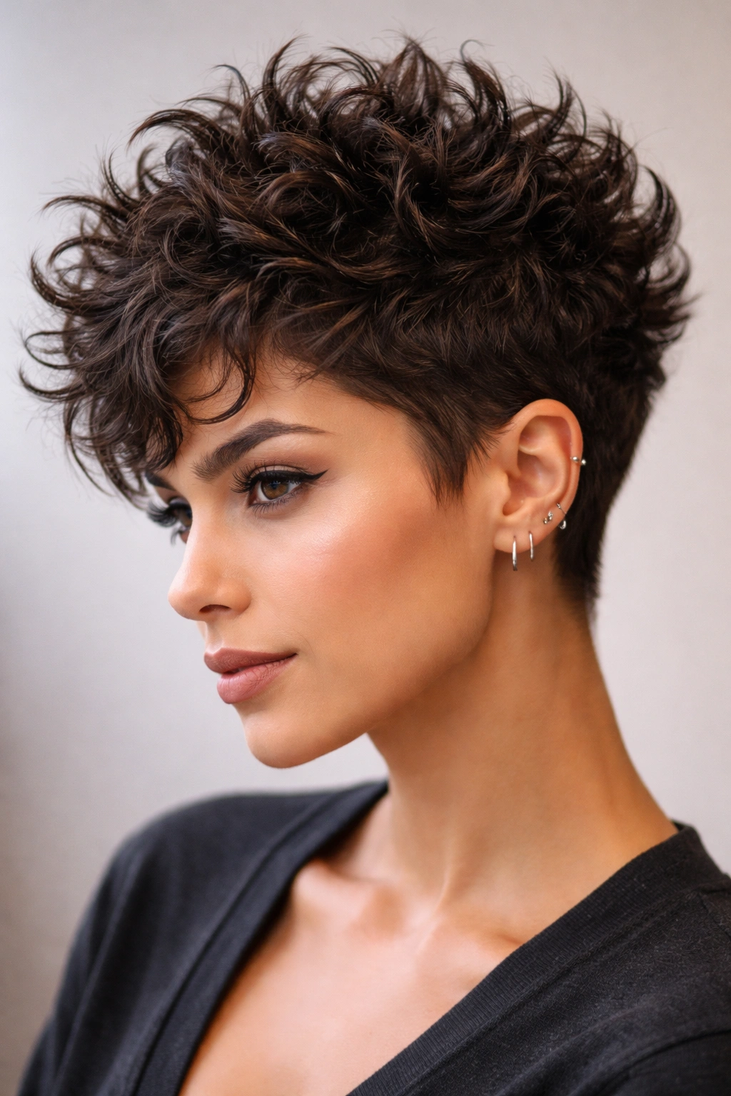 Close-up of curly hair styled into short spikes with defined curls