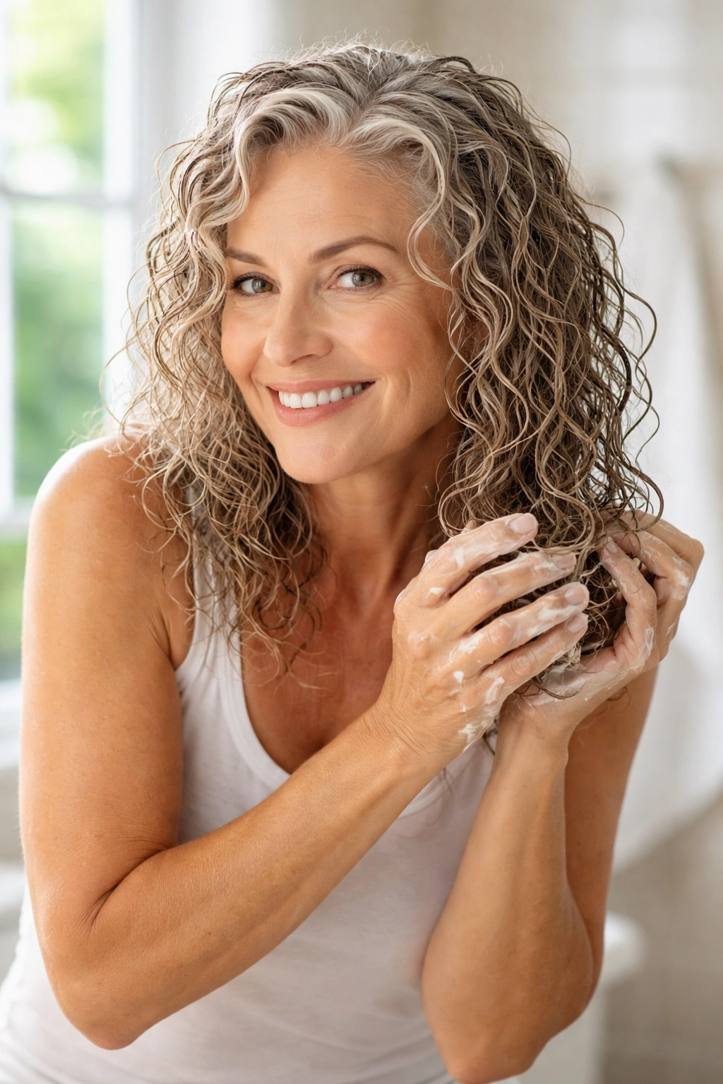 Mature woman applying curl product to damp hair in bright bathroom