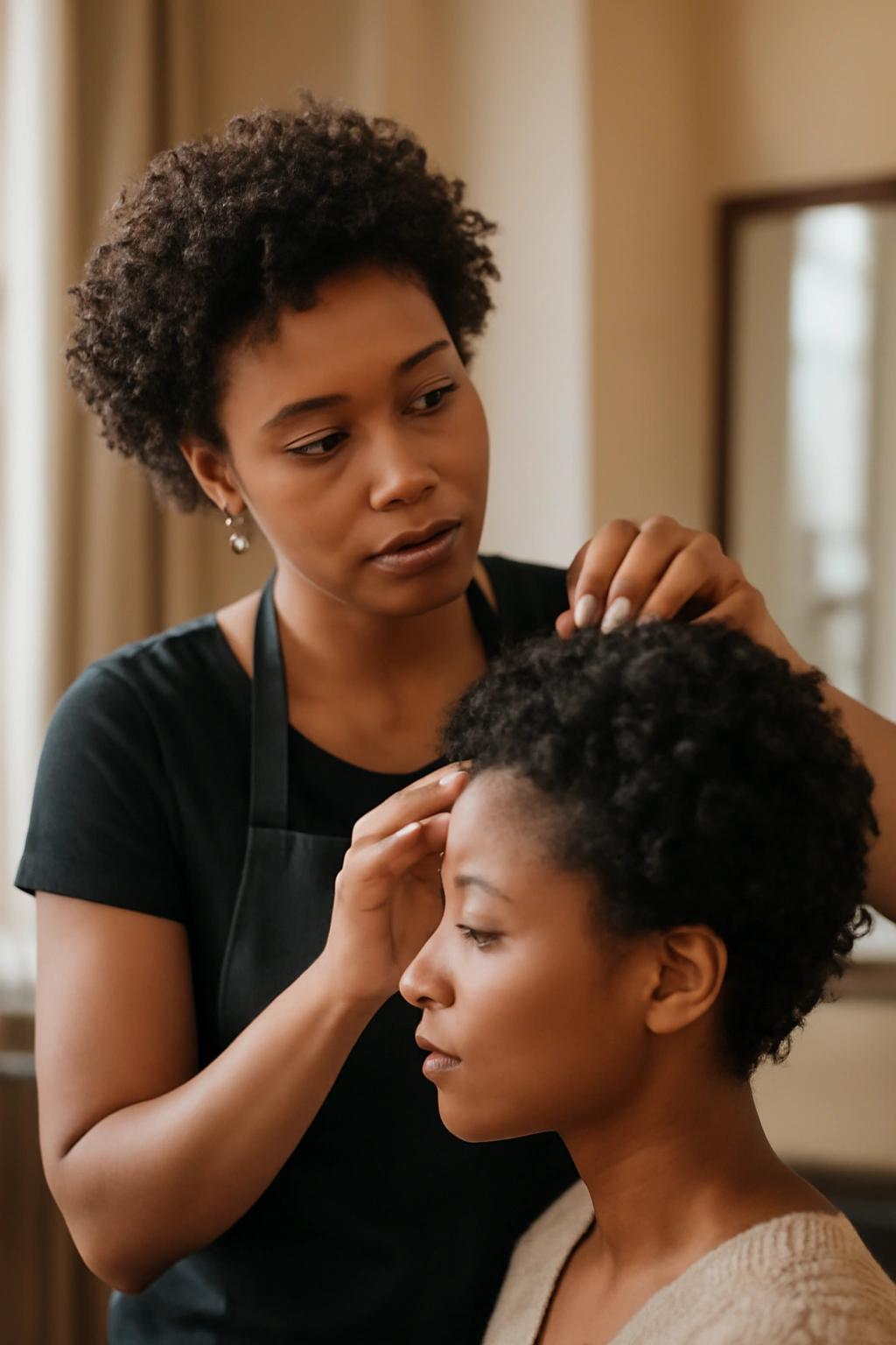 Short Natural Haircuts for Coily and Curly Textures 7 Stylist examining a client's curly hair in a salon to evaluate texture and curl pattern