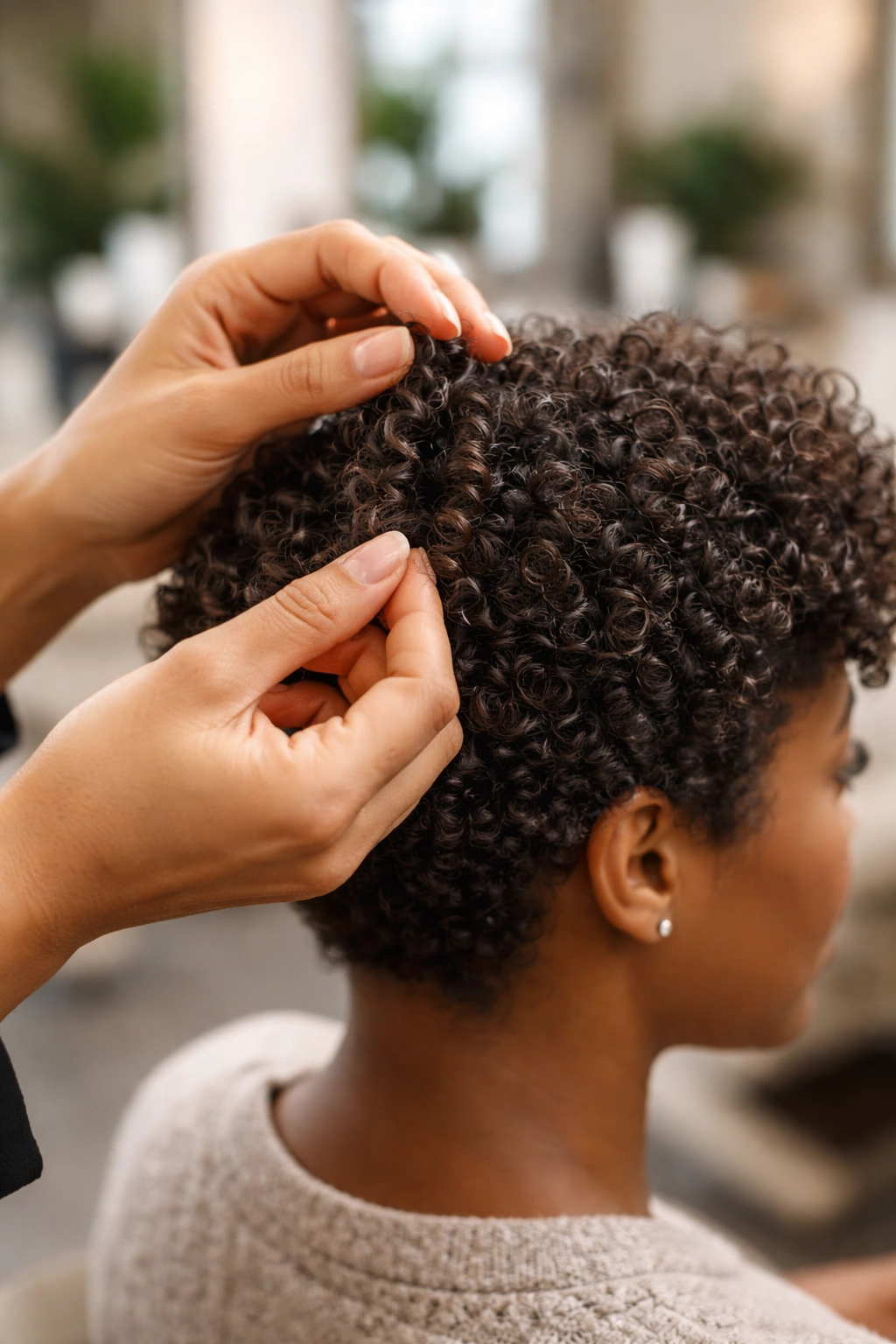 Hands lifting a curl on a client's head to show pattern in a salon.