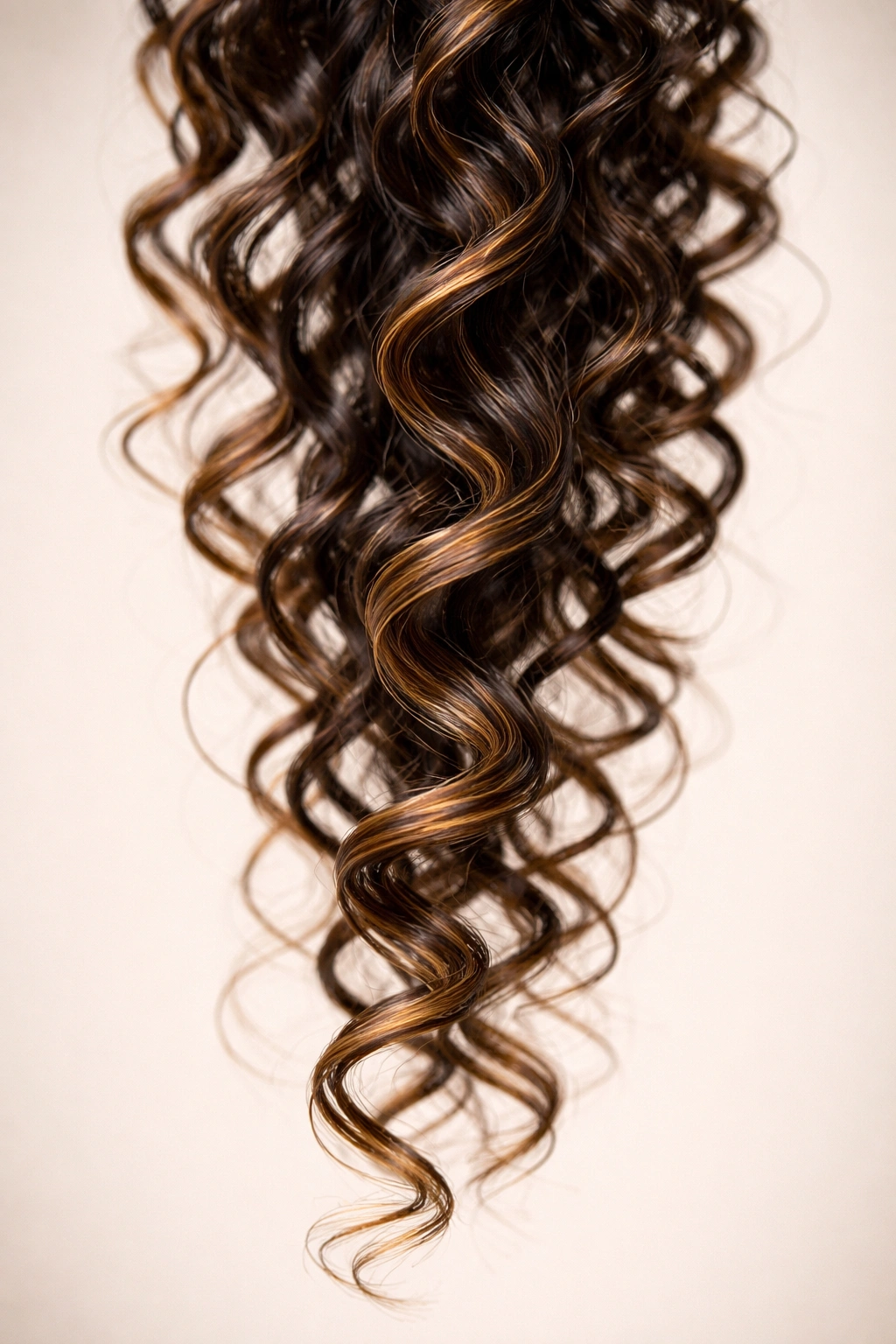 Close-up of a curly hair strand showing defined curl pattern