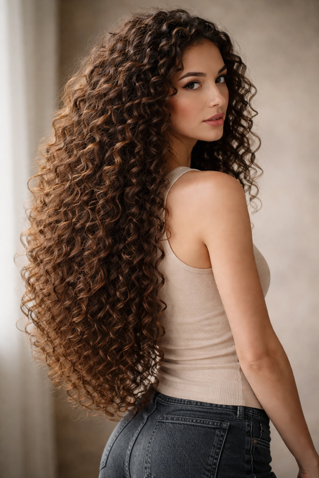 Long curly hair with thinning underlayers to reduce bulk