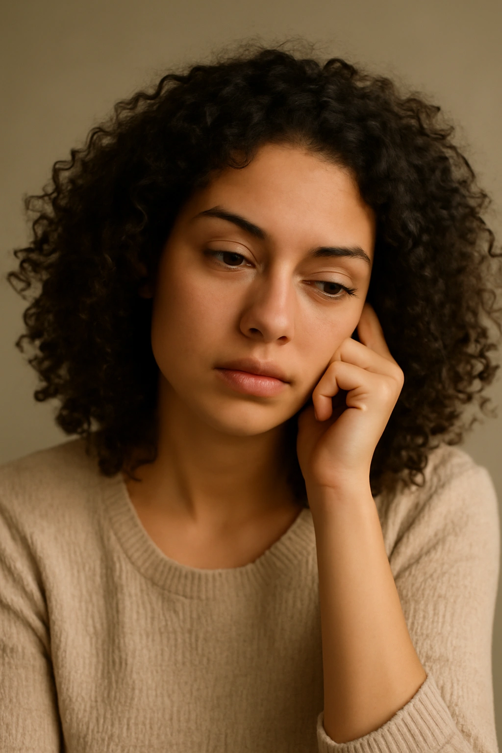15 Beautiful Ways to Wear Your Naturally Curly Hair 16 Contemplative portrait of a person with natural curly hair in a neutral studio