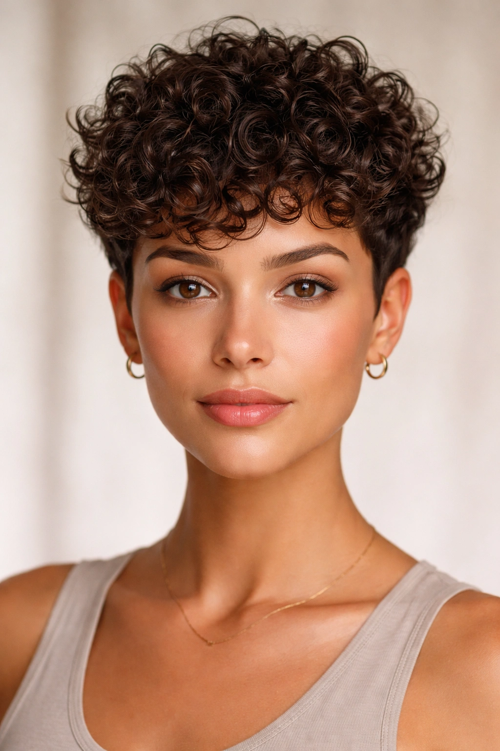 Cropped curly hairstyle with defined curls and controlled volume.